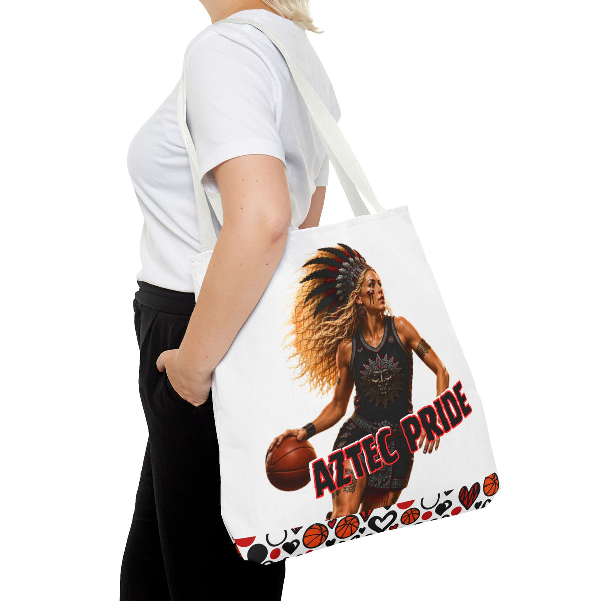 Aztec Basketball Female Warrior Tote Bag | Aztec-Inspired AI Art • Made & Shipped in the USA • 🚚 FREE USA Shipping • FREE Personalization