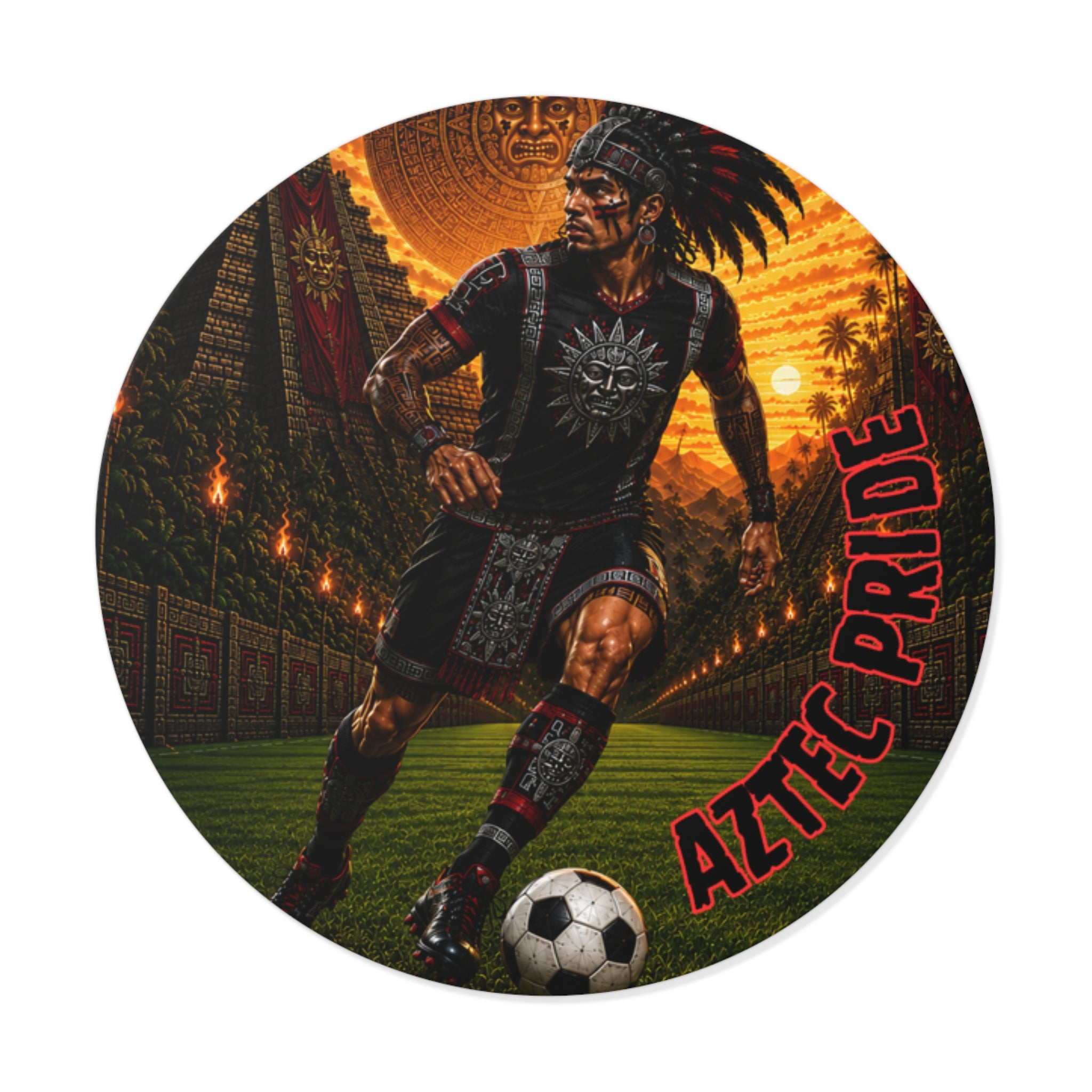 Aztec Soccer Male Warrior Round Vinyl Sticker 2”–6” | Made & Shipped in the USA • 🚚 FREE USA Shipping • Personalized Option