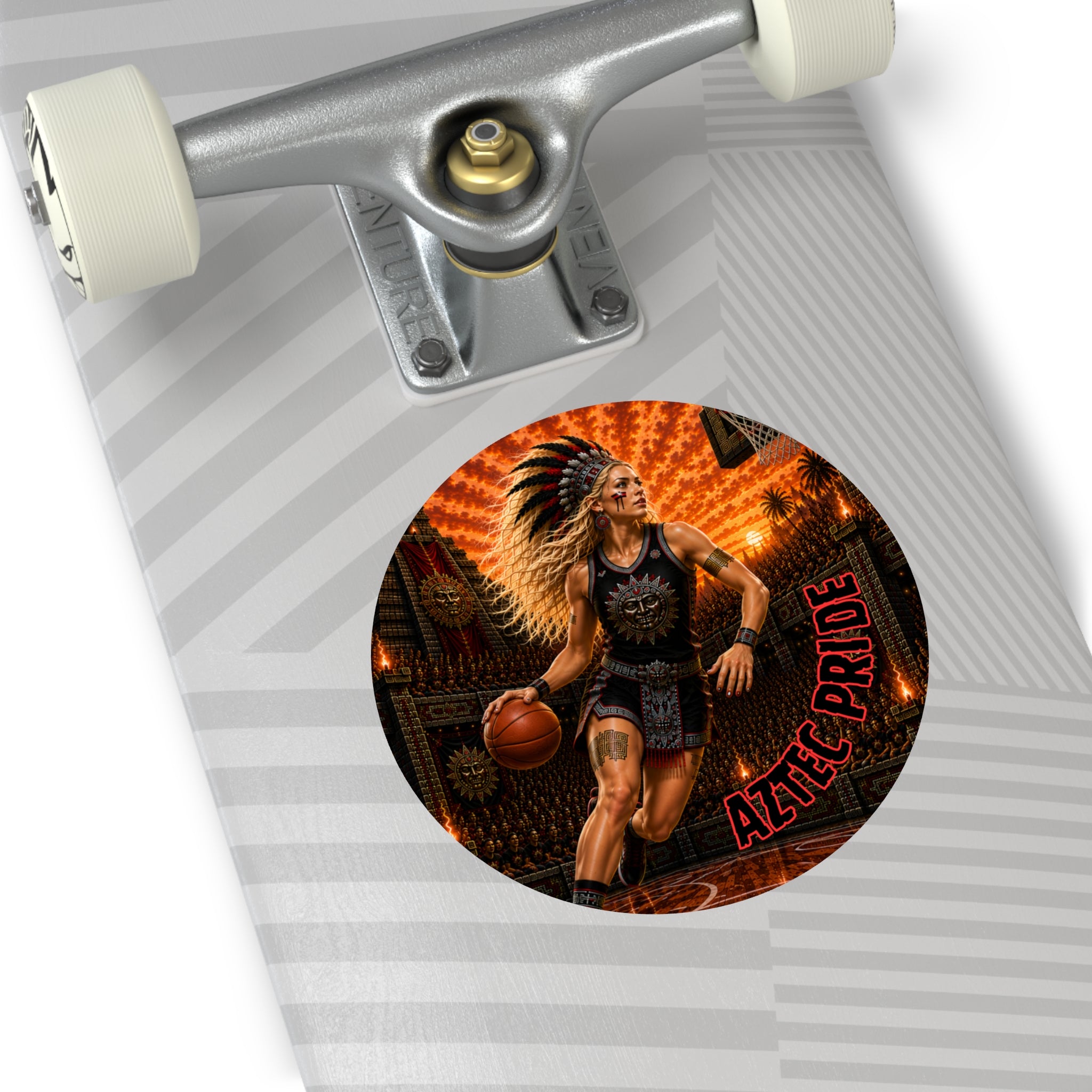 Aztec Basketball Female Warrior Round Vinyl Sticker 2”–6” | Made & Shipped in the USA • 🚚 FREE USA Shipping • Personalized Option