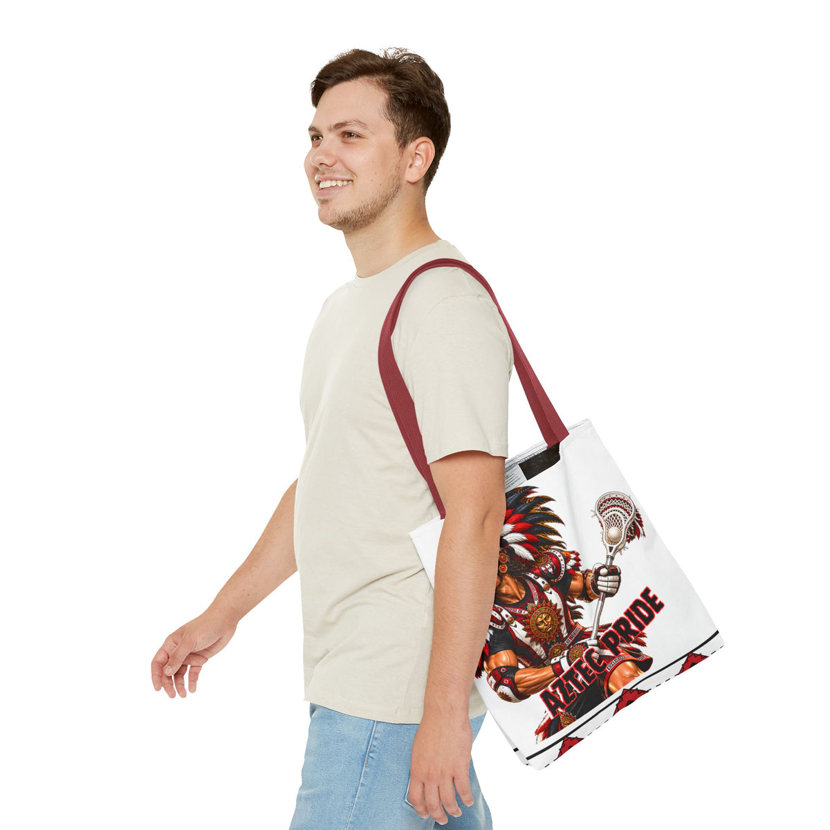 Aztec Lacrosse Male Warrior Tote Bag | Aztec-Inspired AI Art • Made & Shipped in the USA • 🚚 FREE USA Shipping • FREE Personalization