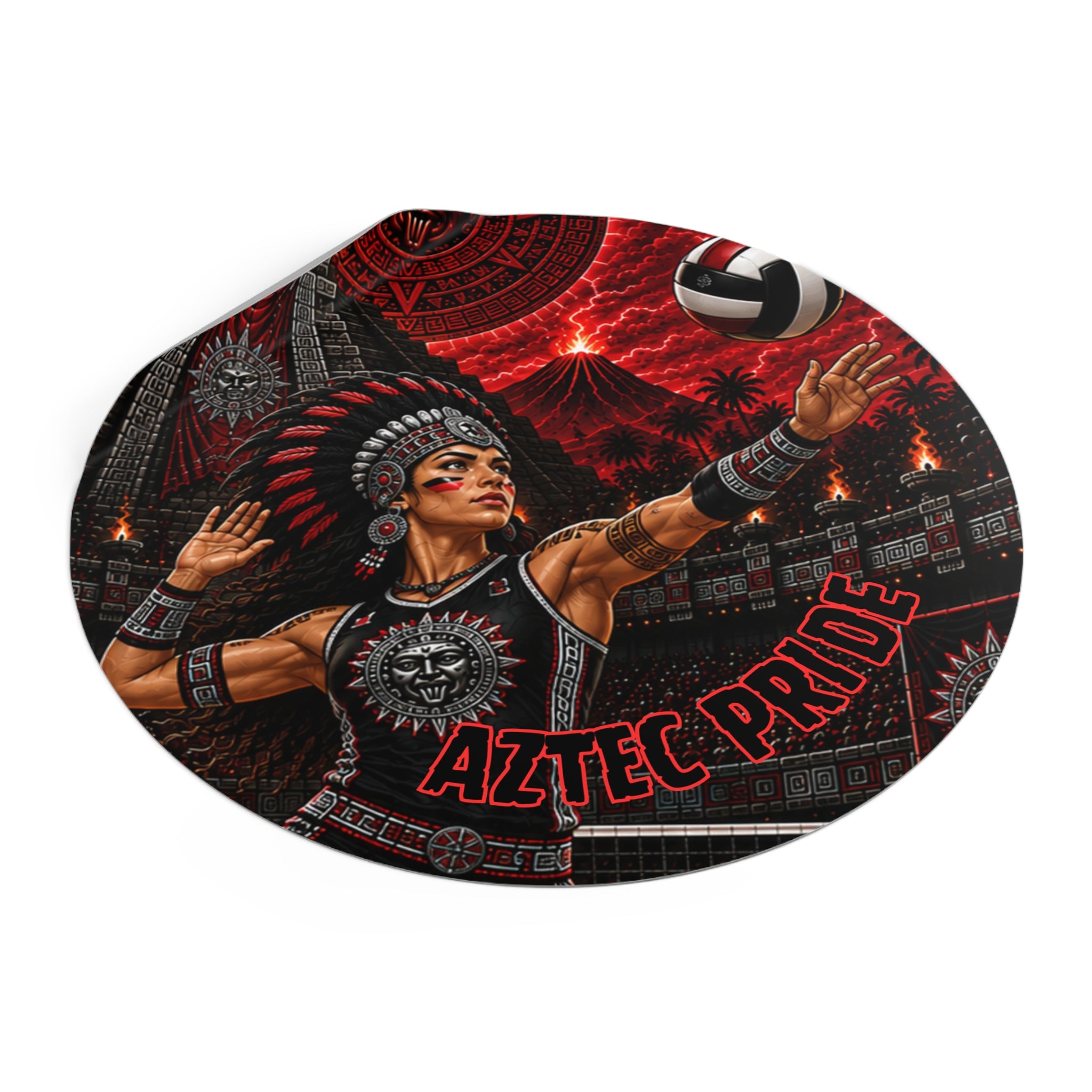 Aztec Volleyball Warrior Round Vinyl Sticker – Waterproof Matte Decal (2”–6”) | Aztec-Inspired AI Art | GringoArte