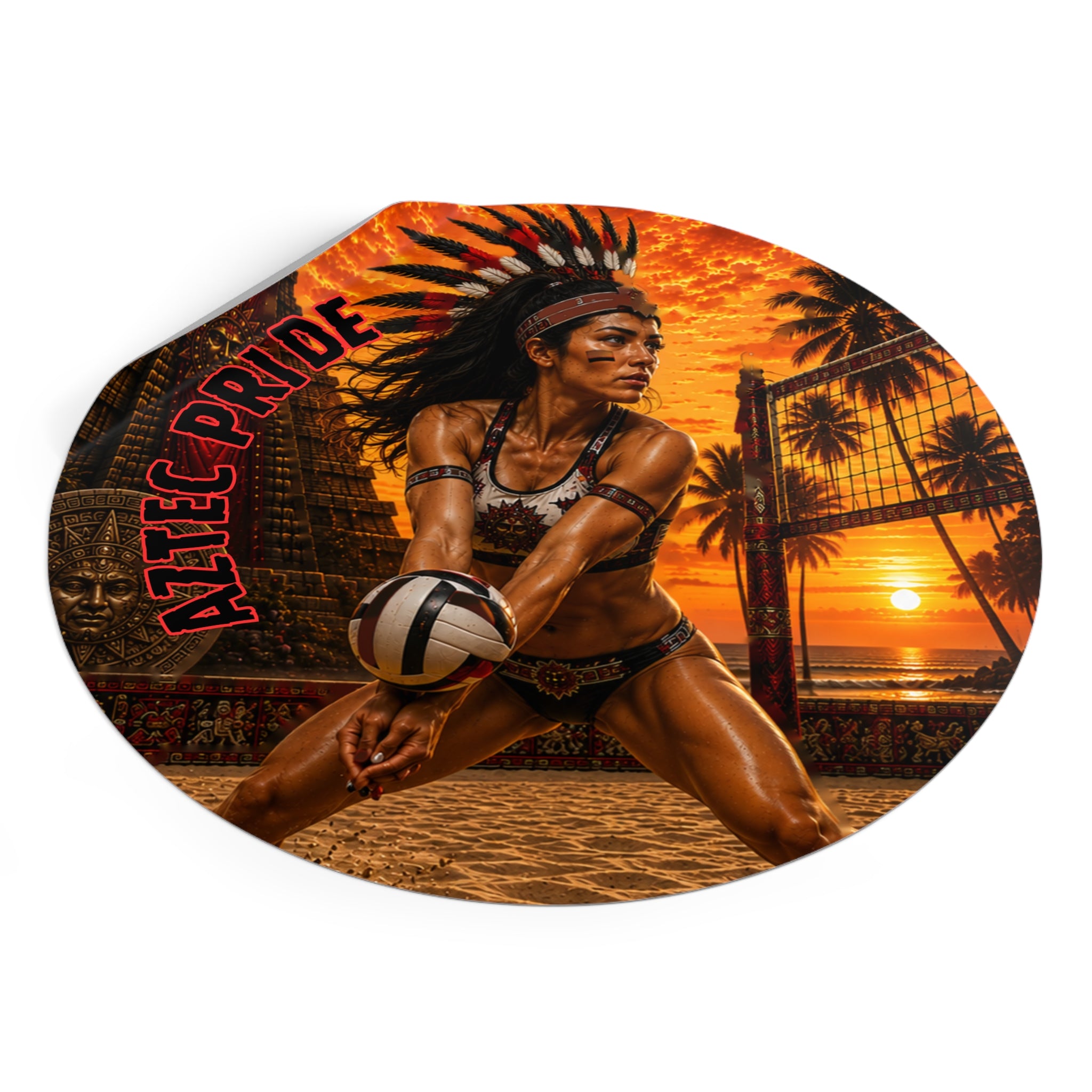 Aztec Beach Volleyball Warrior Round Vinyl Sticker 2”–6” | Made & Shipped in the USA • 🚚 FREE USA Shipping • Personalized Option