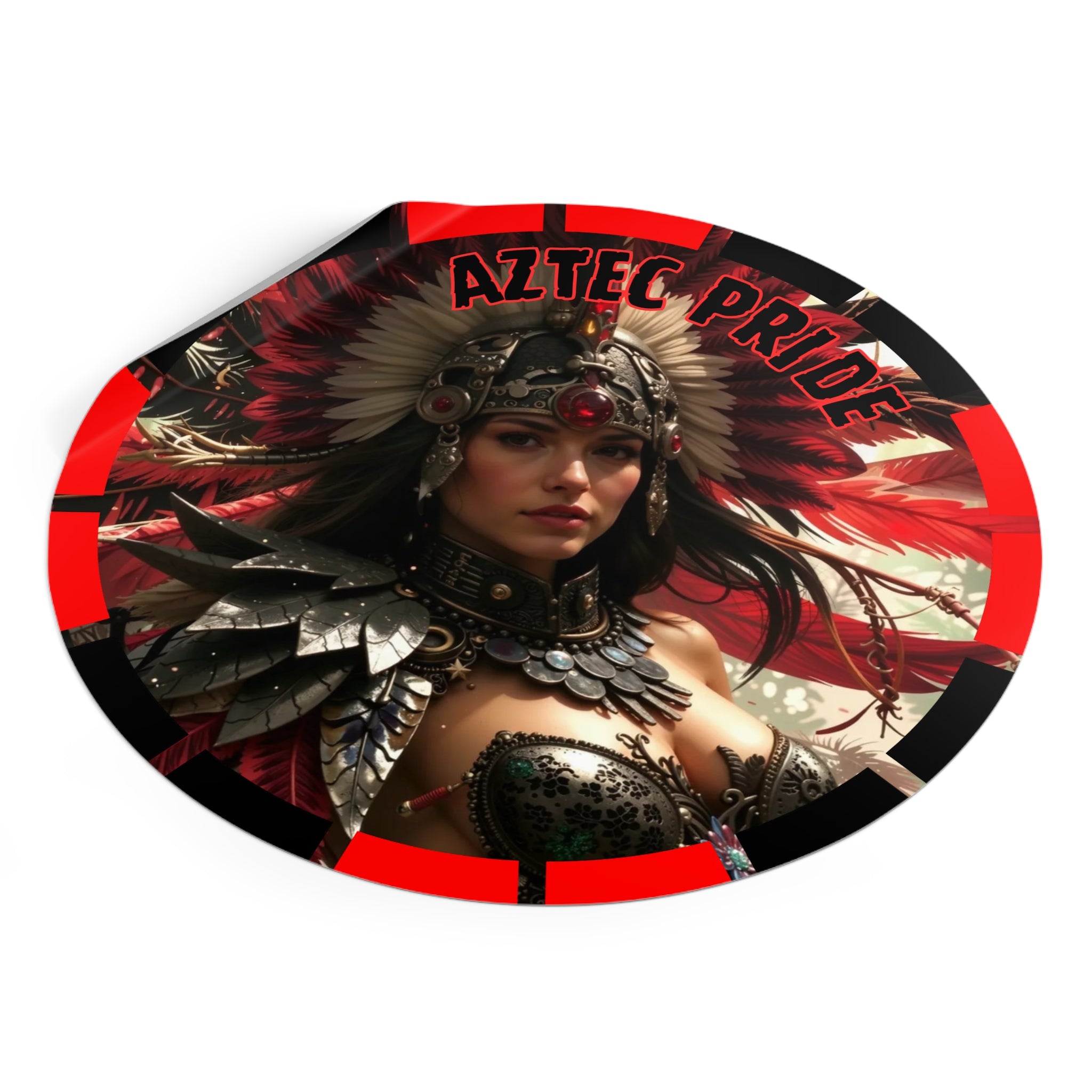 Aztec Blood Feather Goddess Round Vinyl Sticker – Waterproof Matte Decal (2”–6”)