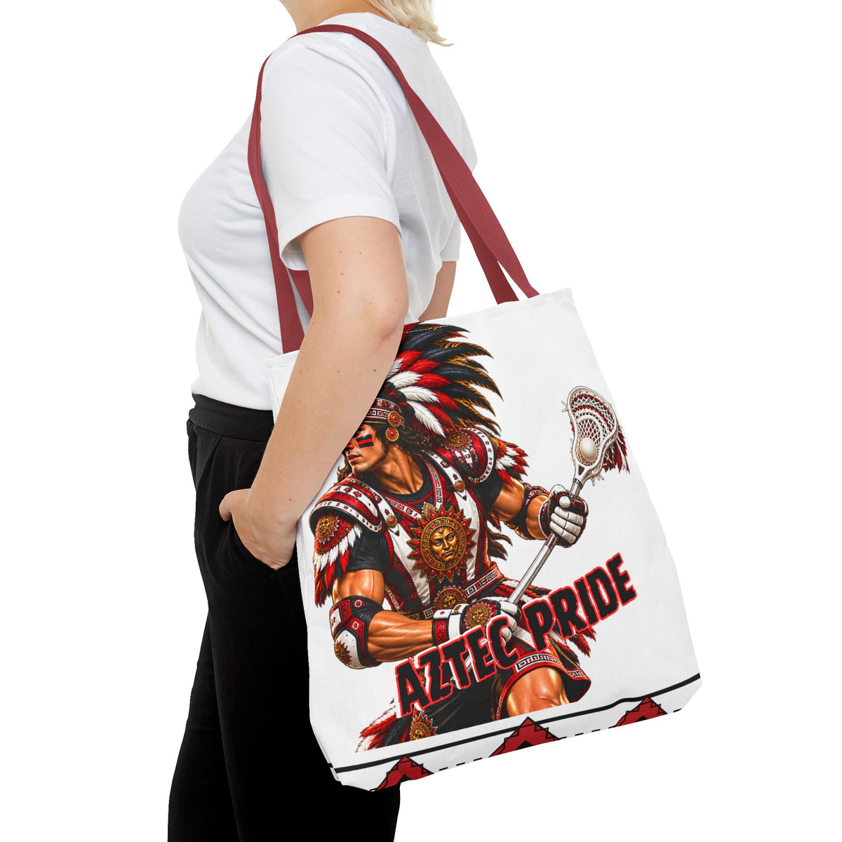 Aztec Lacrosse Male Warrior Tote Bag | Aztec-Inspired AI Art • Made & Shipped in the USA • 🚚 FREE USA Shipping • FREE Personalization