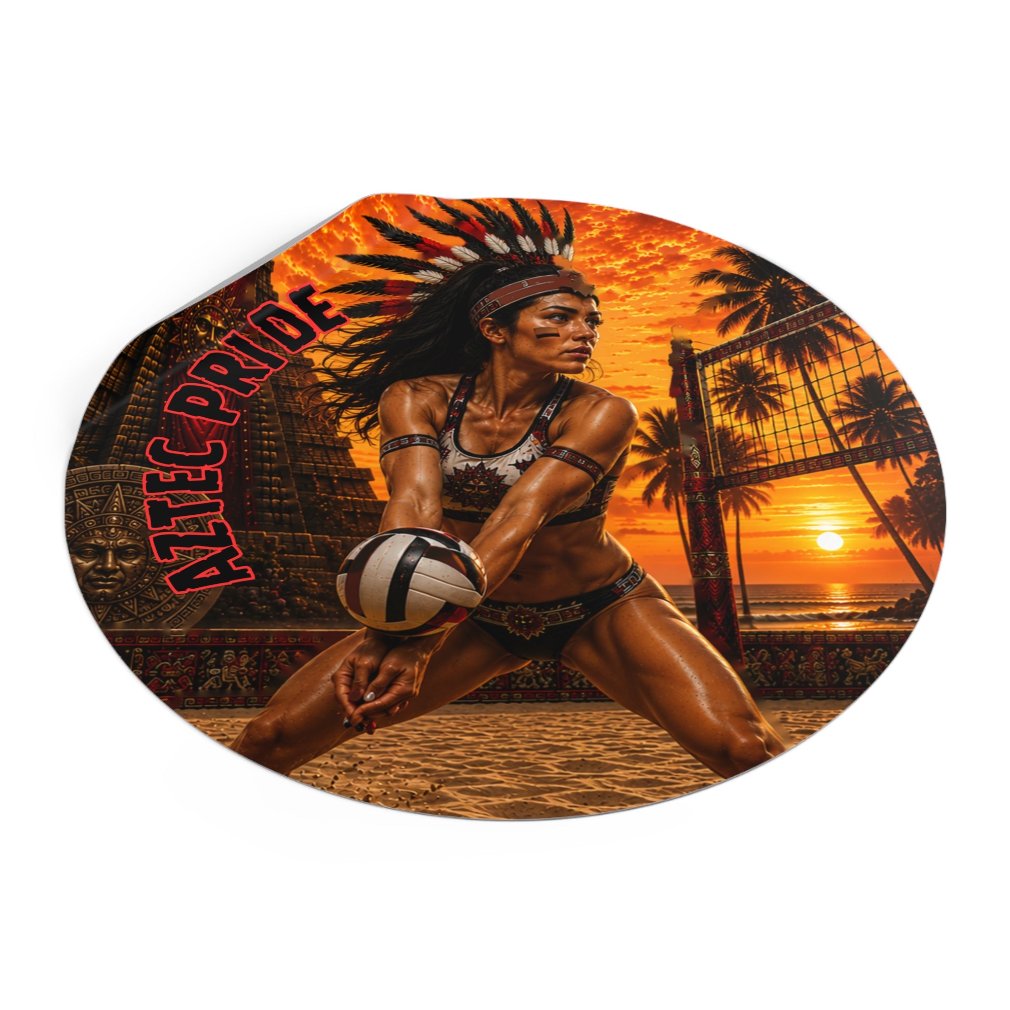 Aztec Beach Volleyball Warrior Round Vinyl Sticker 2”–6” | Made & Shipped in the USA • 🚚 FREE USA Shipping • Personalized Option