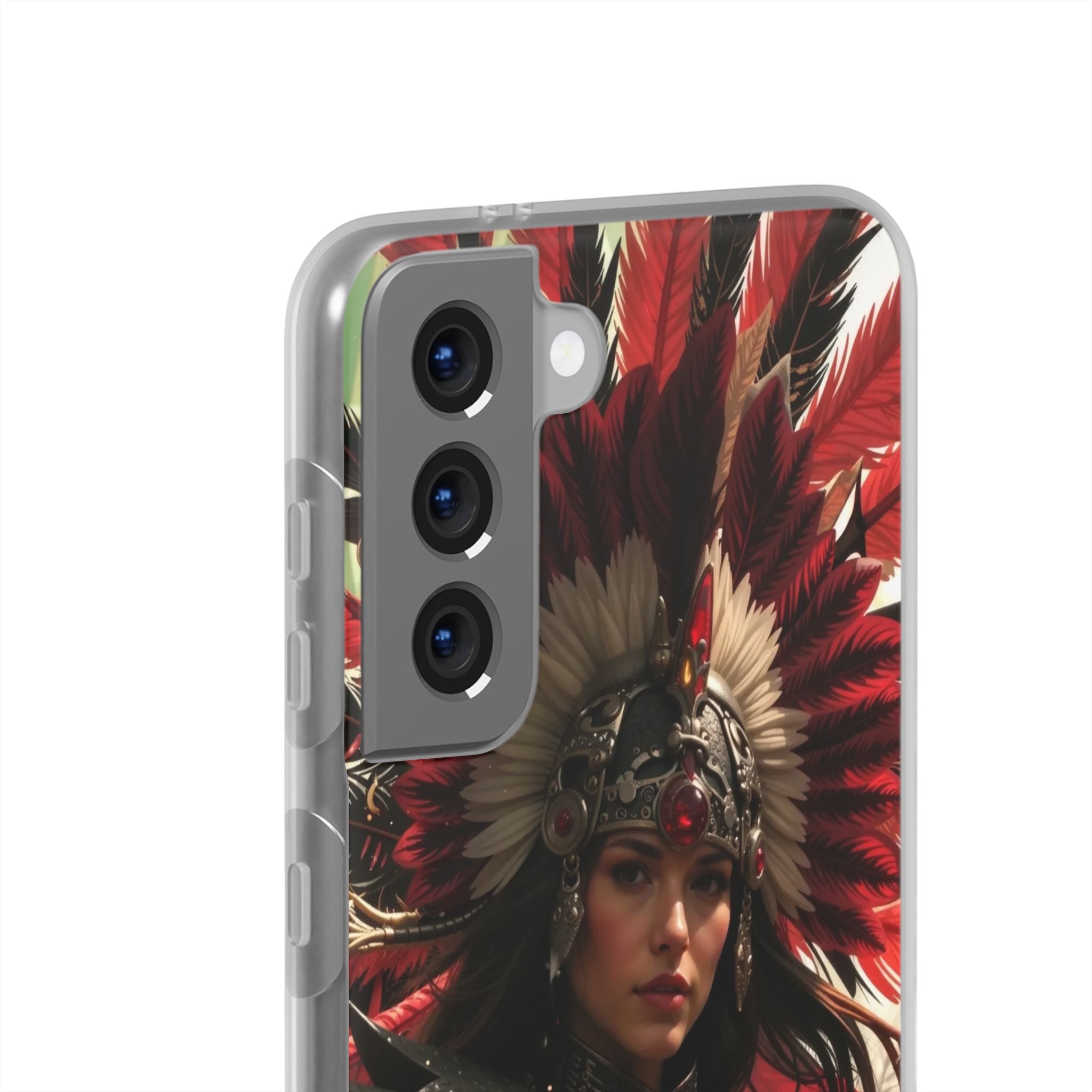 Aztec Blood Feather Goddess – Flexi Phone Case (iPhone & Samsung • Clear TPU • Made in USA • Personalized Option)