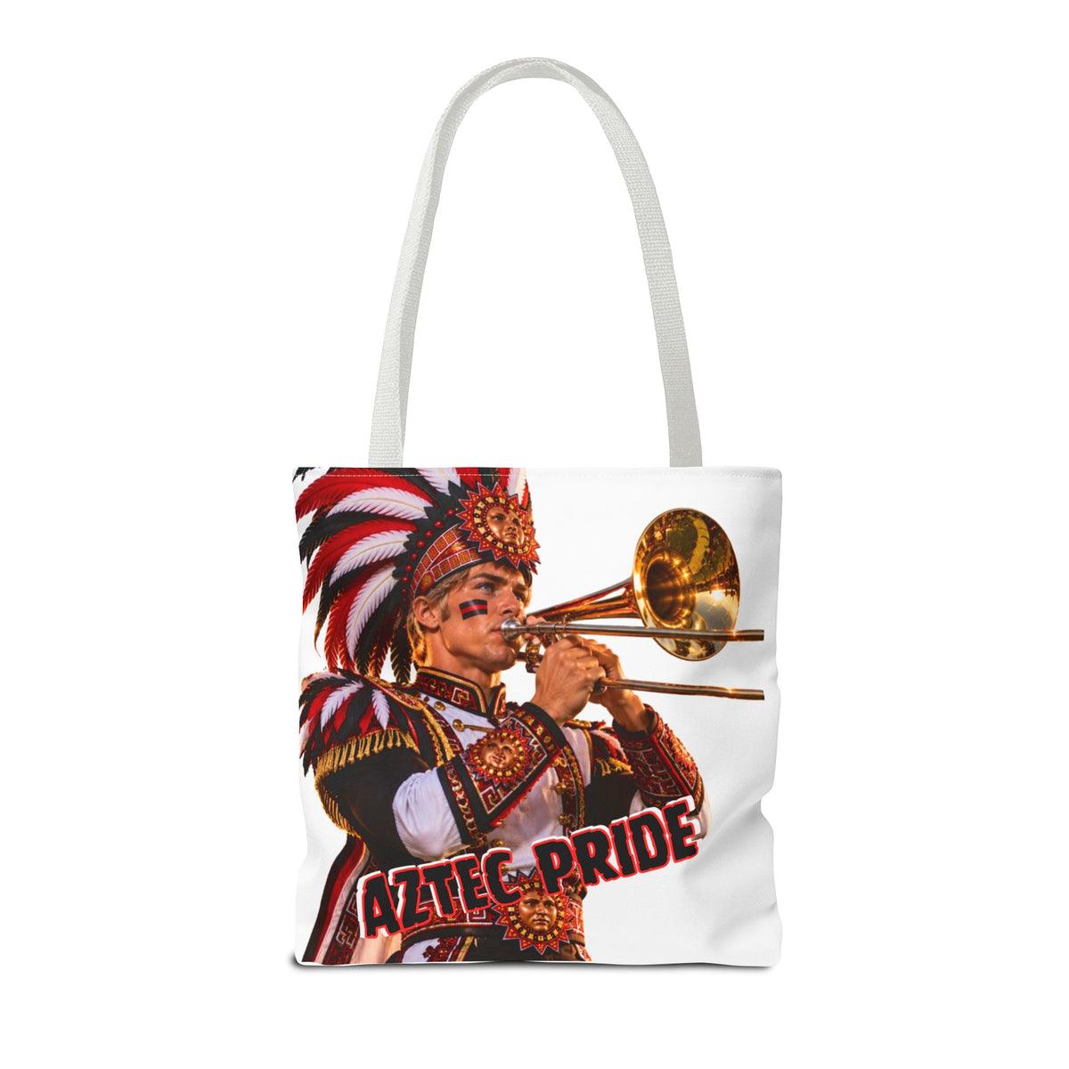 Aztec Trombone Warrior Tote Bag | Aztec-Inspired AI Art • Made & Shipped in the USA • 🚚 FREE USA Shipping • FREE Personalization