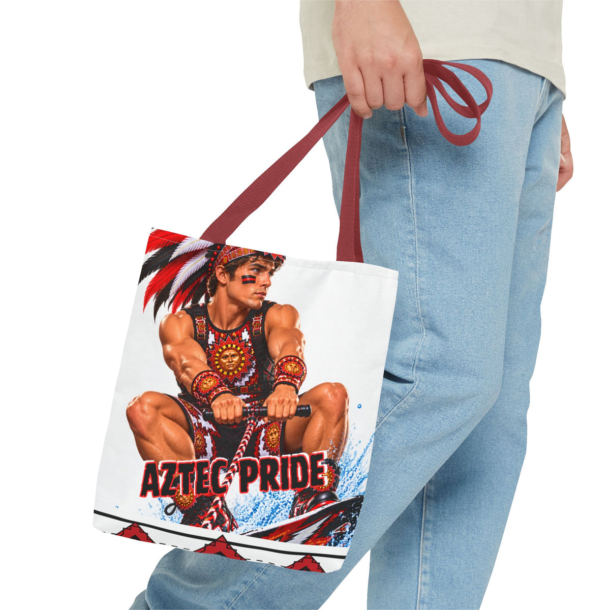 Aztec Waterski Wakeboard Warrior Tote Bag | Aztec-Inspired AI Art • Made & Shipped in the USA • 🚚 FREE USA Shipping • FREE Personalization