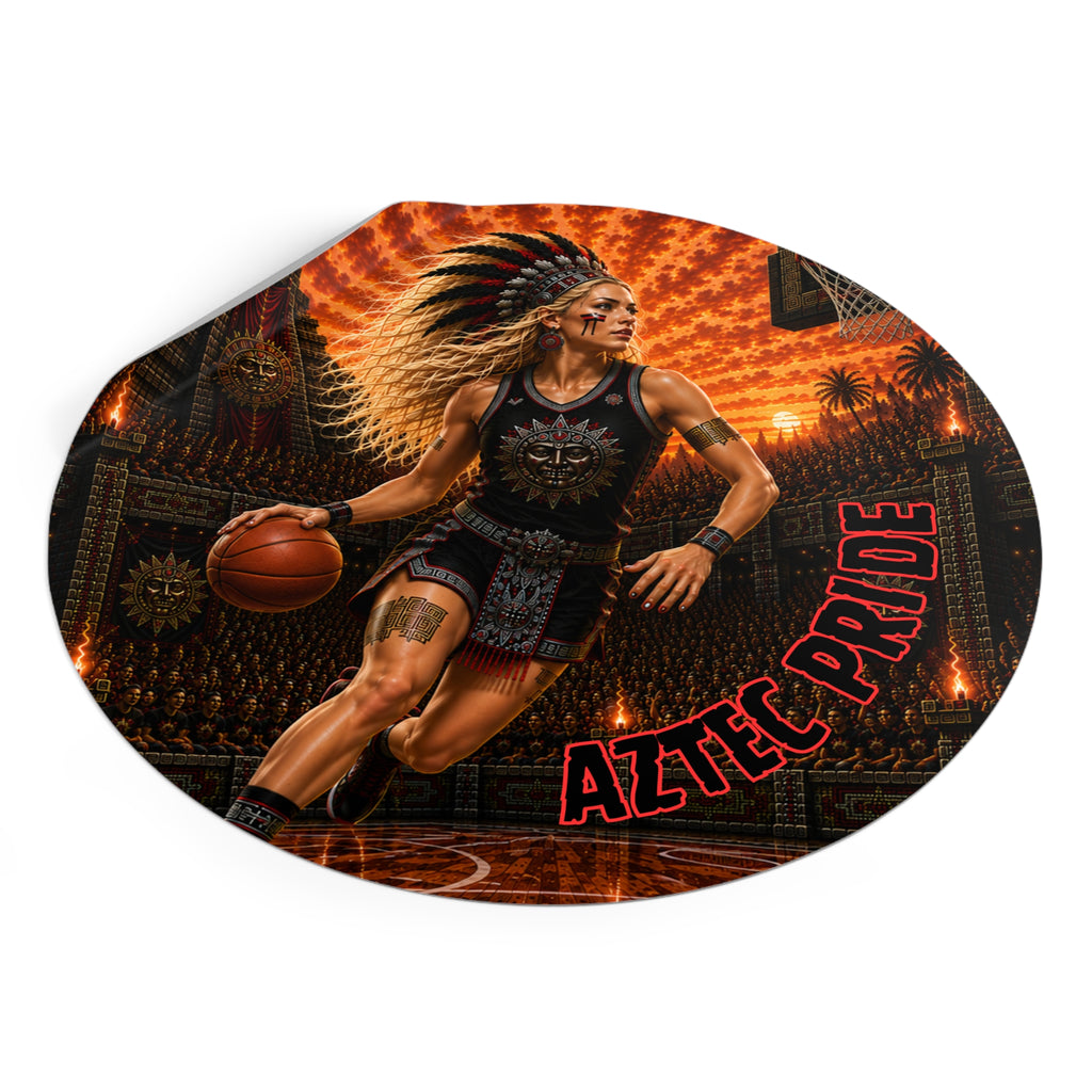 Aztec Basketball Female Warrior Round Vinyl Sticker 2”–6” | Made & Shipped in the USA • 🚚 FREE USA Shipping • Personalized Option