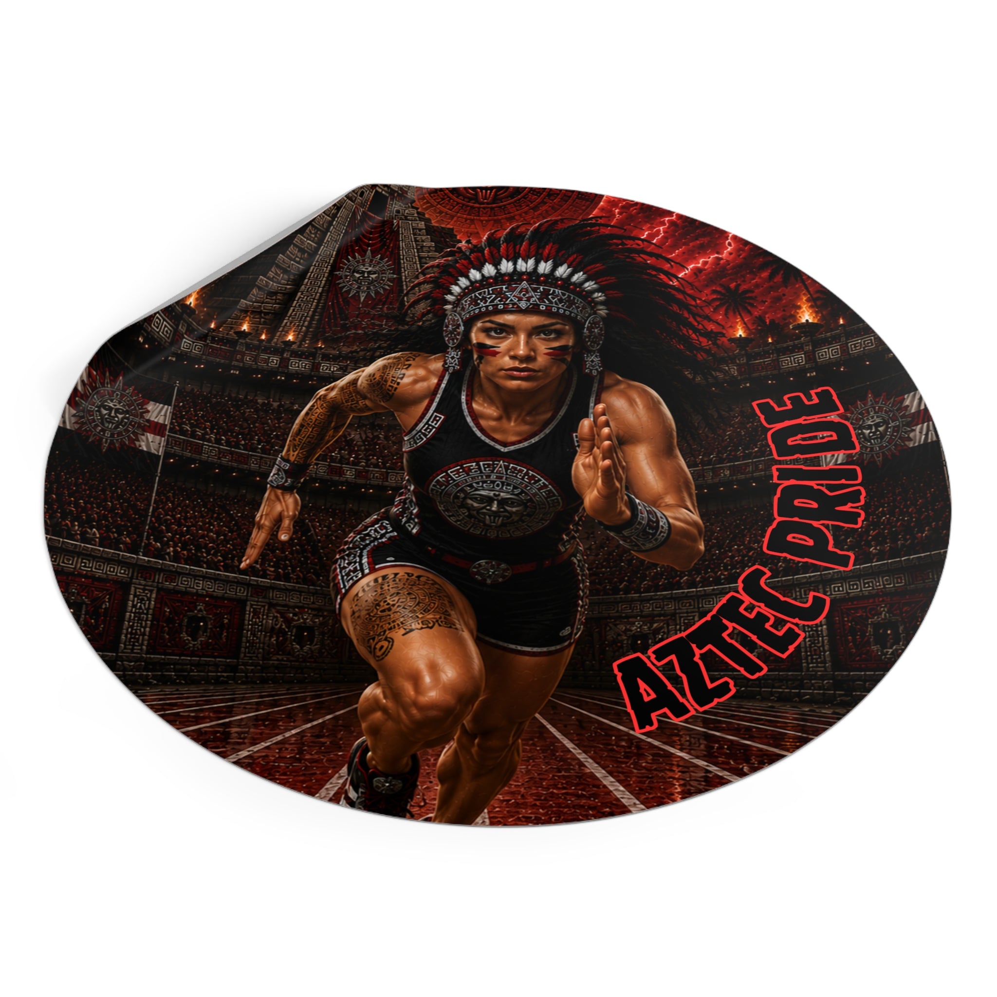 Aztec Track & Field Female Warrior Round Vinyl Sticker 2”–6” | Made & Shipped in the USA • 🚚 FREE USA Shipping • Personalized Option