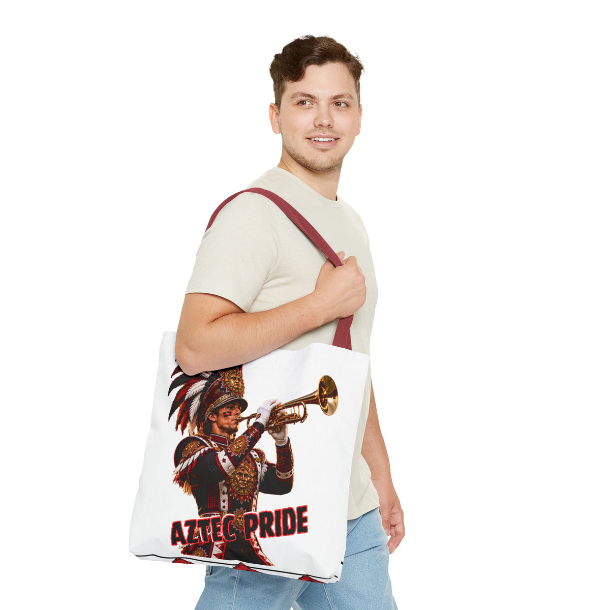Aztec Trumpet Warrior Tote Bag | Aztec-Inspired AI Art • Made & Shipped in the USA • 🚚 FREE USA Shipping • FREE Personalization