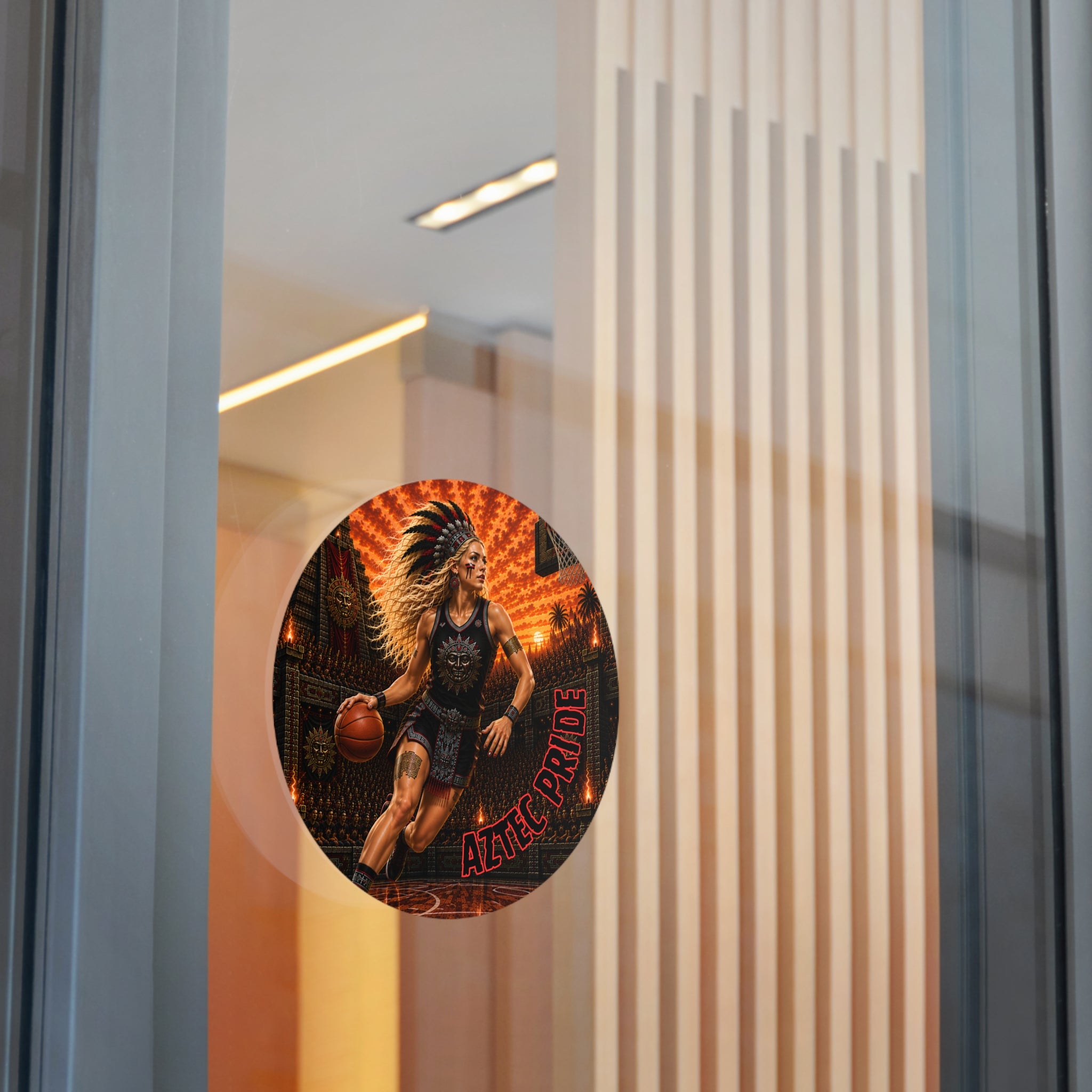 Aztec Basketball Female Warrior Round Vinyl Sticker 2”–6” | Made & Shipped in the USA • 🚚 FREE USA Shipping • Personalized Option