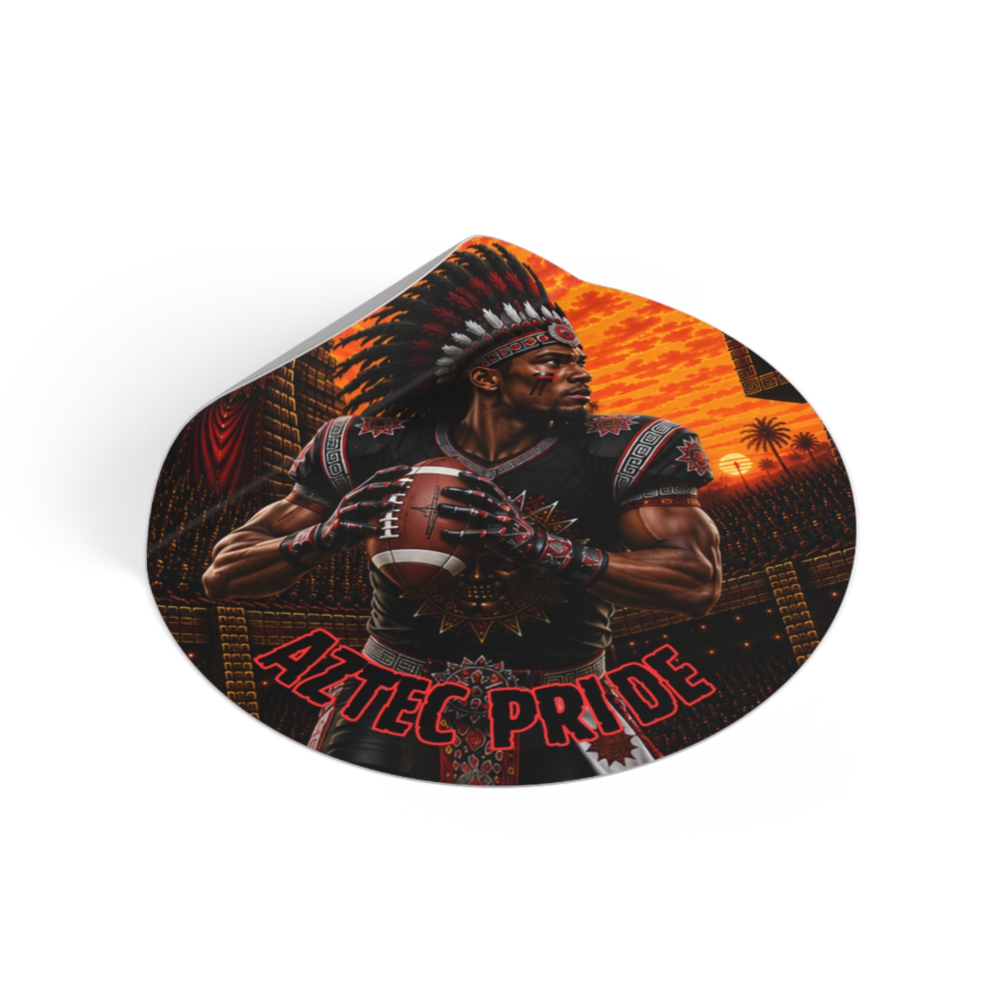 Aztec Football Quarterback Warrior Round Vinyl Sticker 2”–6” | Made & Shipped in the USA • 🚚 FREE USA Shipping • Personalized Option