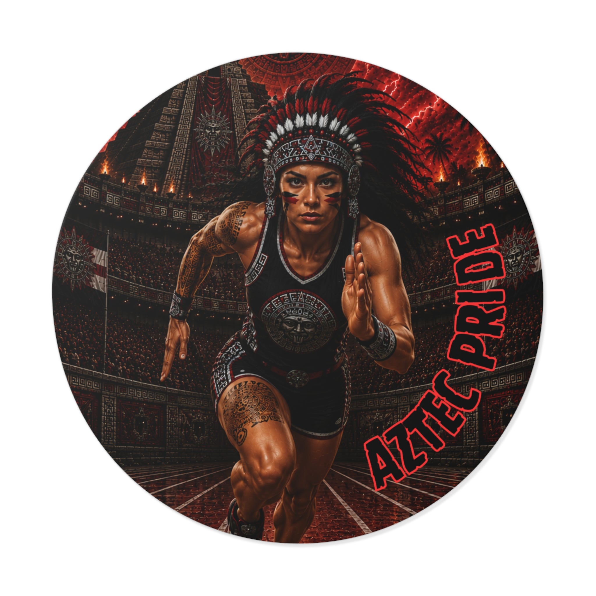 Aztec Track & Field Female Warrior Round Vinyl Sticker 2”–6” | Made & Shipped in the USA • 🚚 FREE USA Shipping • Personalized Option