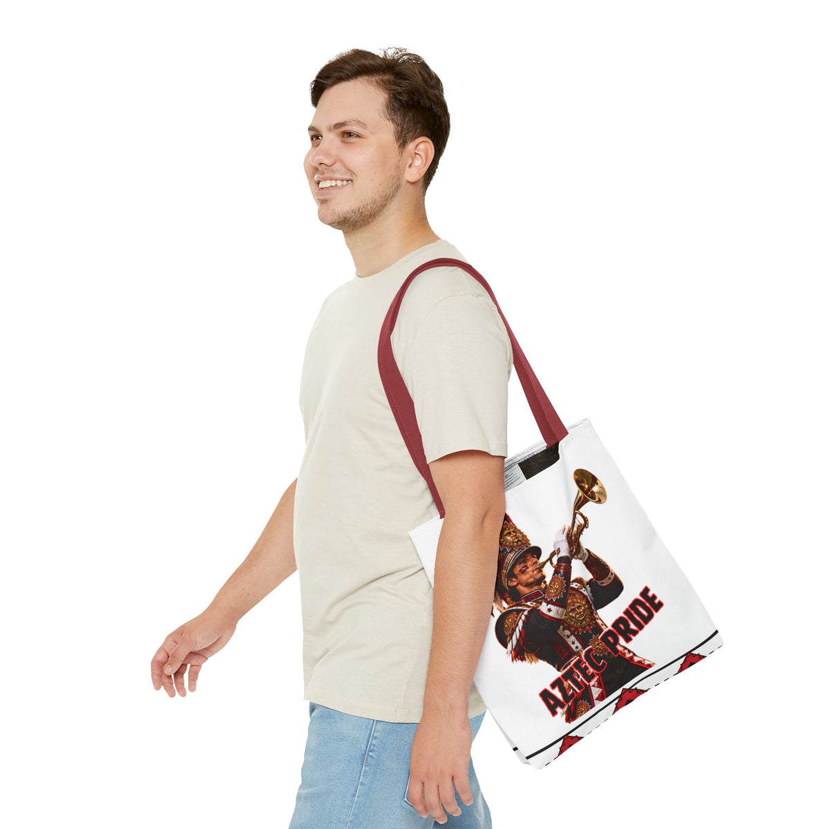 Aztec Trumpet Warrior Tote Bag | Aztec-Inspired AI Art • Made & Shipped in the USA • 🚚 FREE USA Shipping • FREE Personalization