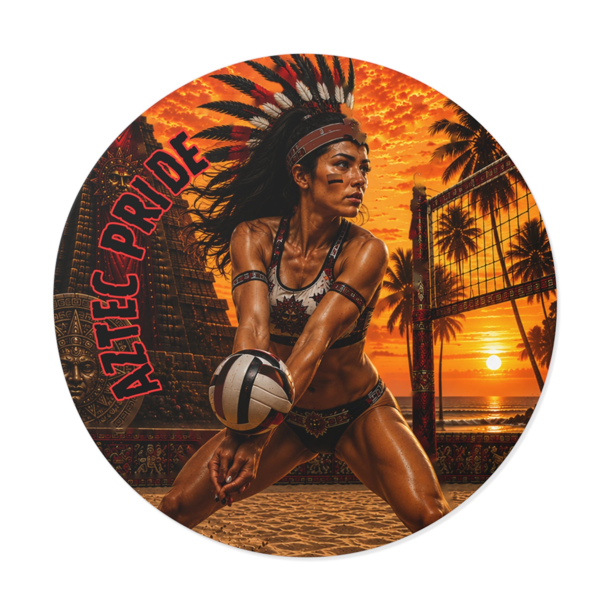 Aztec Beach Volleyball Warrior Round Vinyl Sticker 2”–6” | Made & Shipped in the USA • 🚚 FREE USA Shipping • Personalized Option