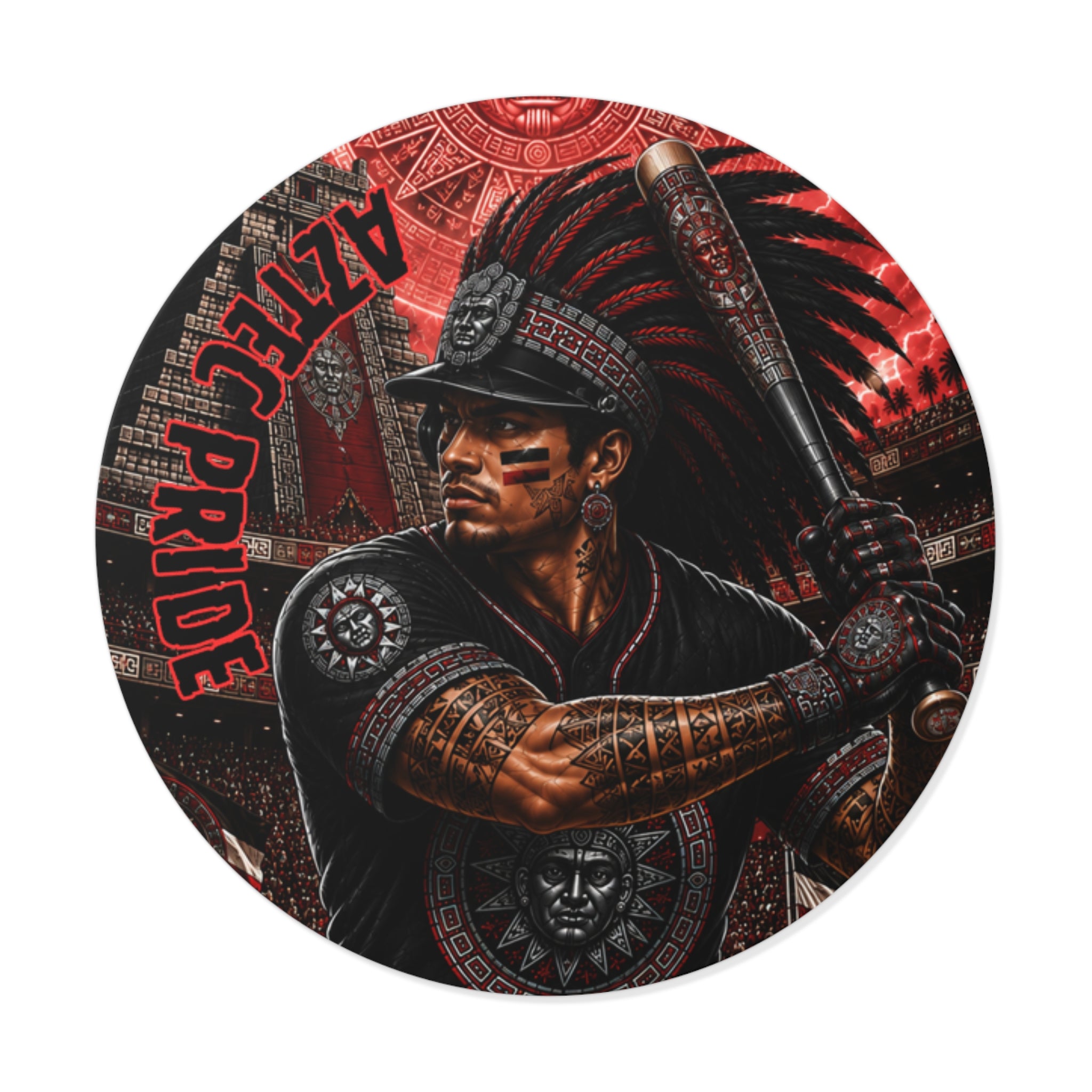 Aztec Baseball Warrior Round Vinyl Sticker – Waterproof Matte Decal (2”–6”) | Aztec-Inspired AI Art | GringoArte