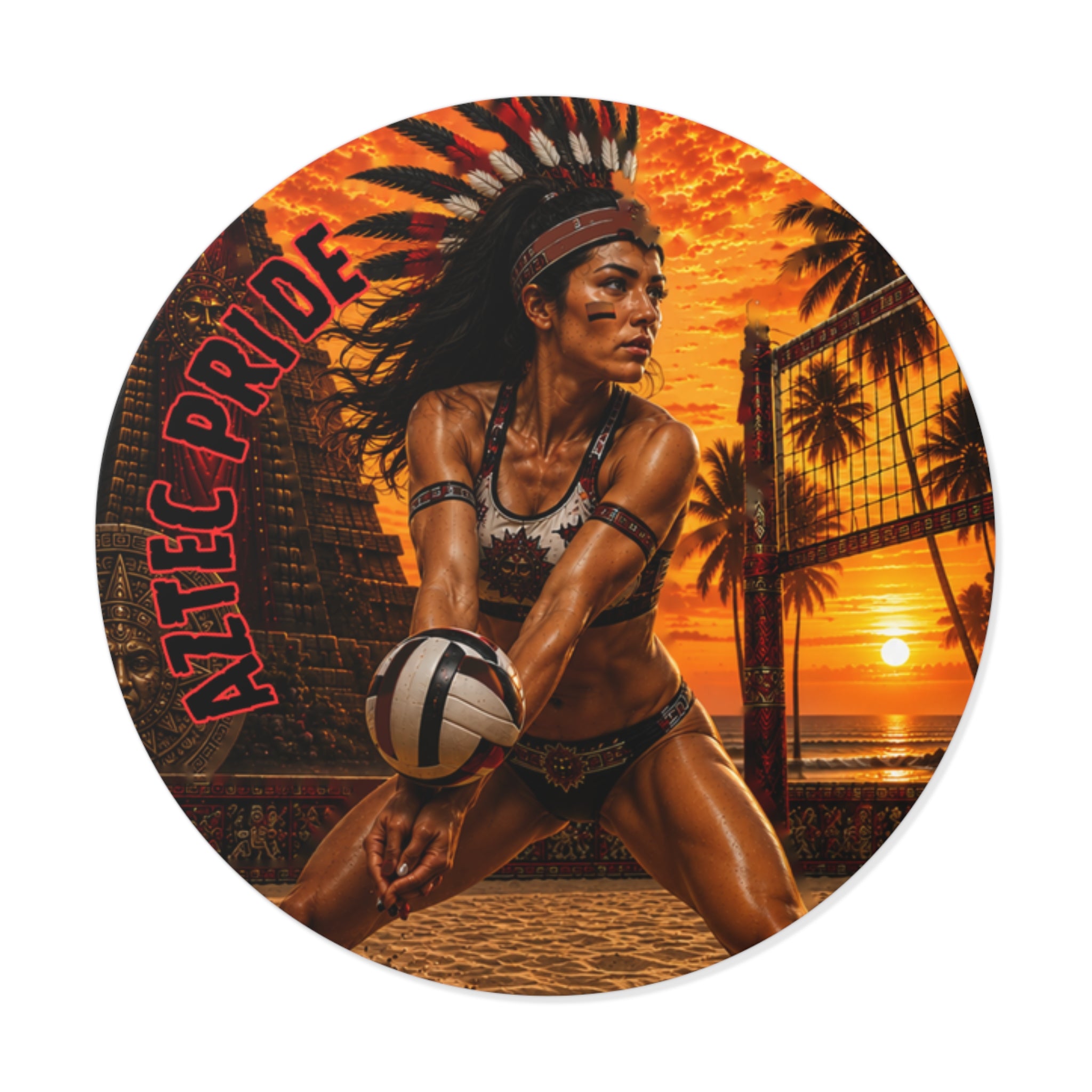 Aztec Beach Volleyball Warrior Round Vinyl Sticker 2”–6” | Made & Shipped in the USA • 🚚 FREE USA Shipping • Personalized Option