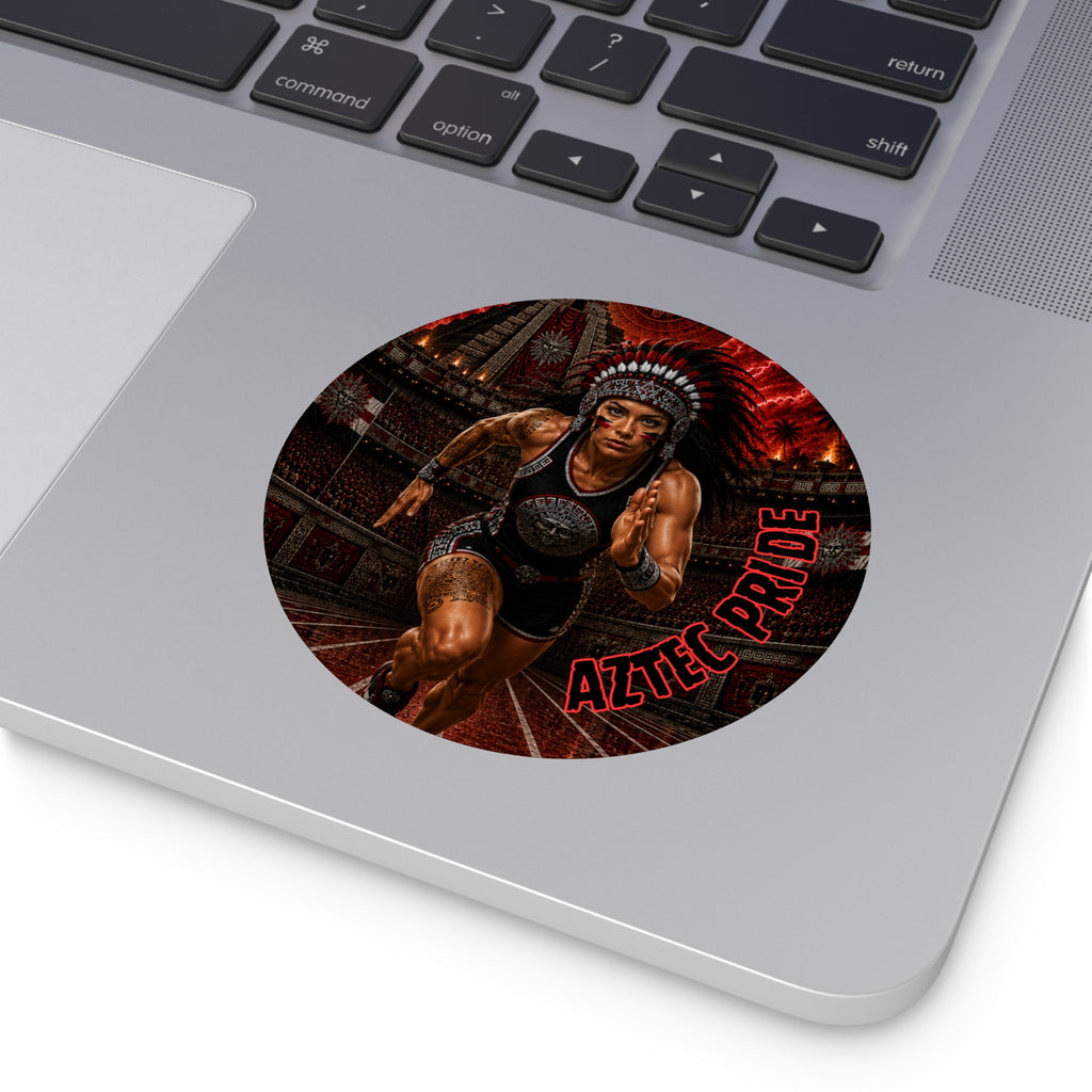 Aztec Track & Field Female Warrior Round Vinyl Sticker 2”–6” | Made & Shipped in the USA • 🚚 FREE USA Shipping • Personalized Option