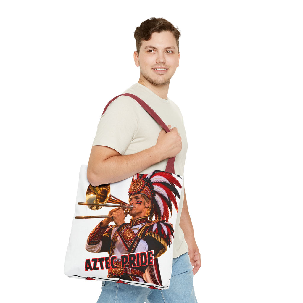 Aztec Trombone Warrior Tote Bag | Aztec-Inspired AI Art • Made & Shipped in the USA • 🚚 FREE USA Shipping • FREE Personalization
