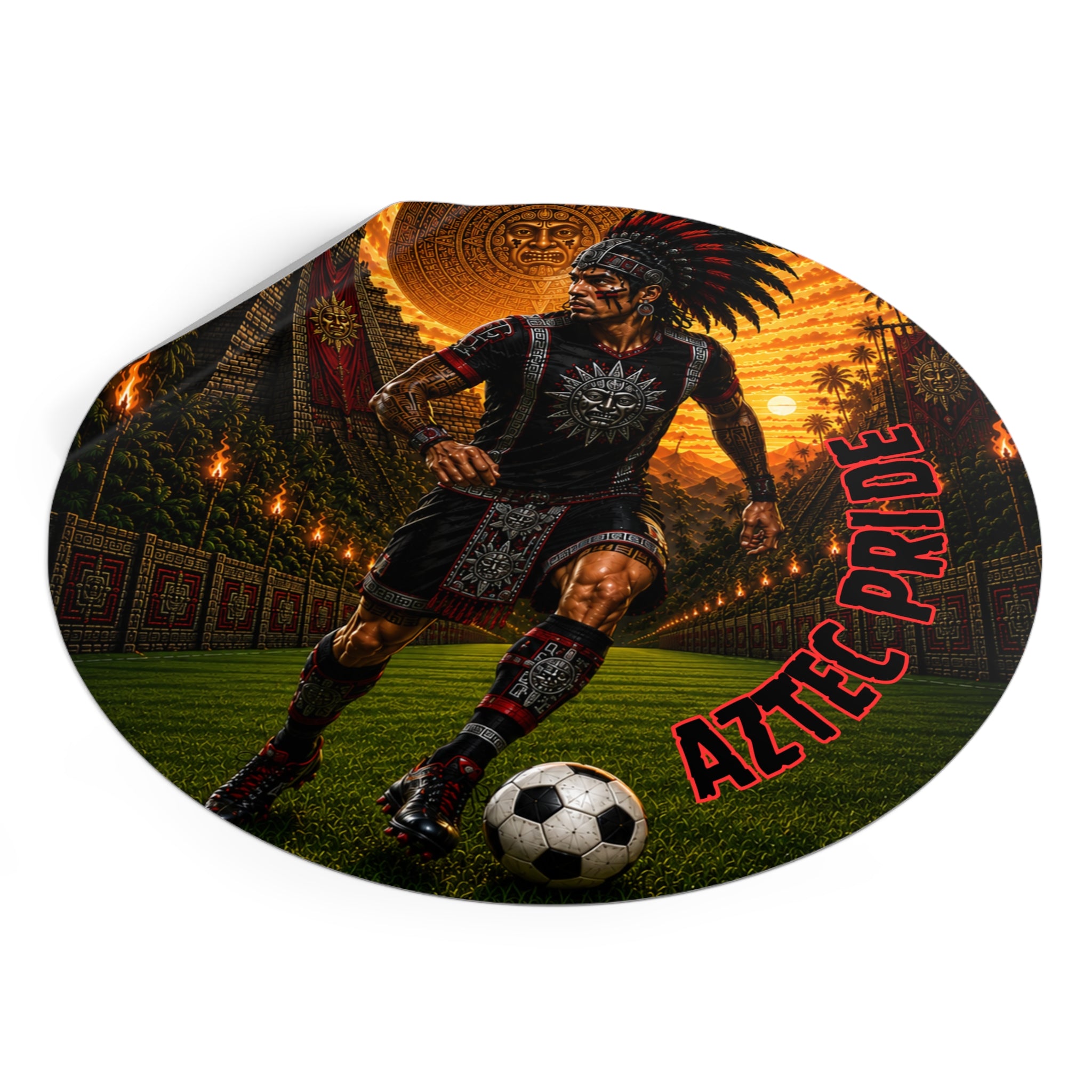 Aztec Soccer Male Warrior Round Vinyl Sticker 2”–6” | Made & Shipped in the USA • 🚚 FREE USA Shipping • Personalized Option
