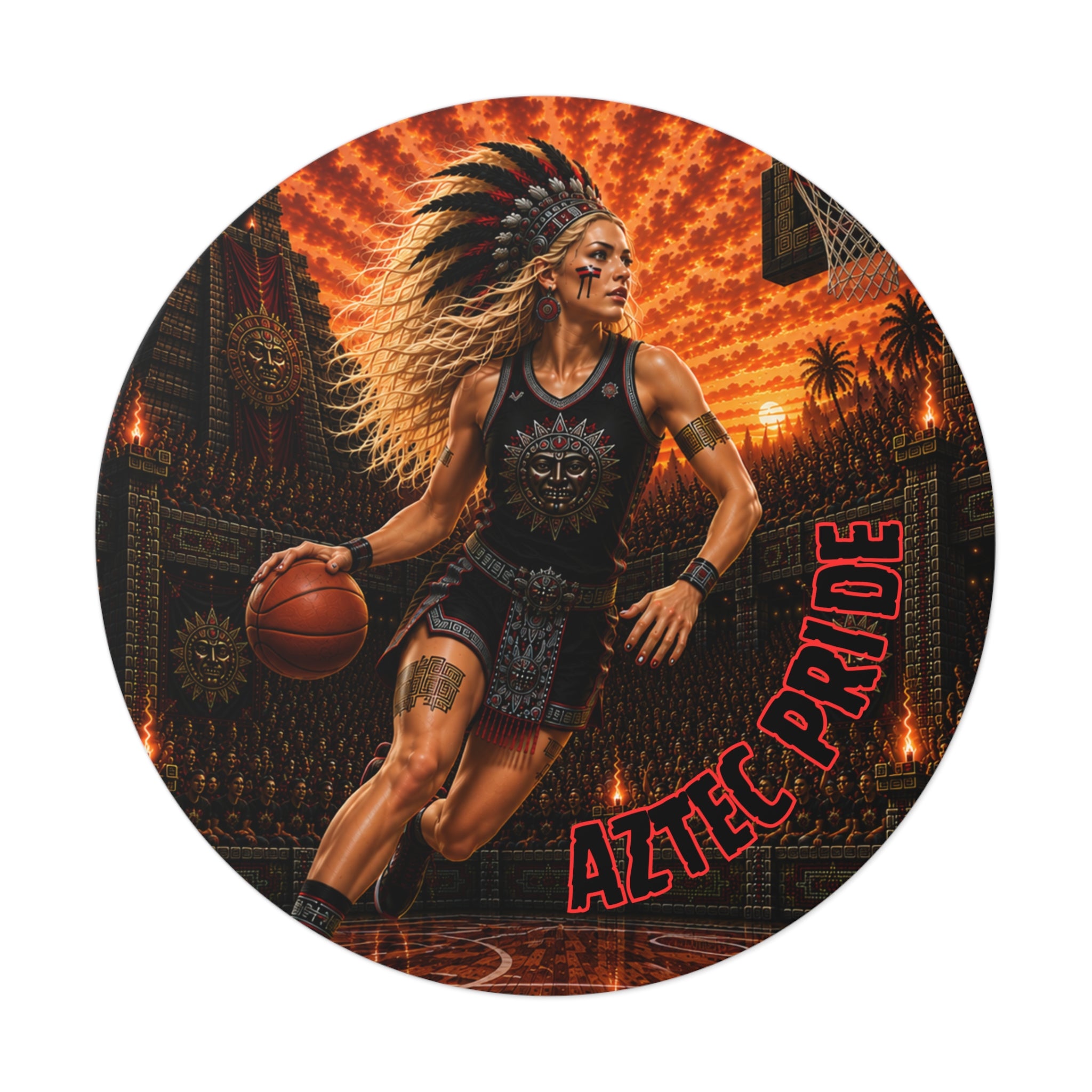 Aztec Basketball Female Warrior Round Vinyl Sticker 2”–6” | Made & Shipped in the USA • 🚚 FREE USA Shipping • Personalized Option