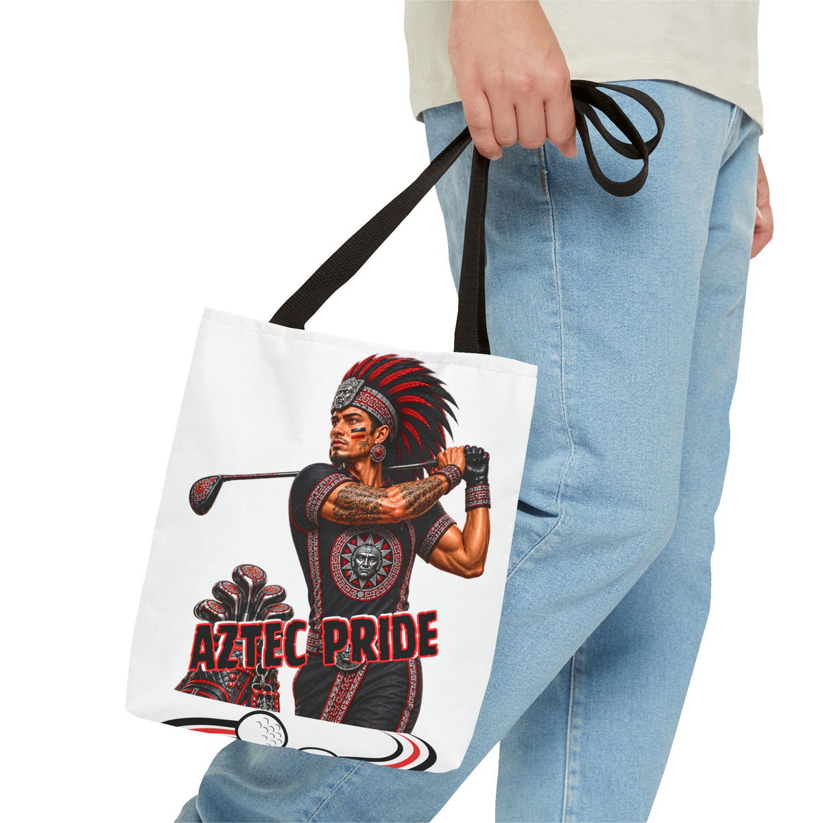 Aztec Golf Male Warrior Tote Bag | Aztec-Inspired AI Art • Made & Shipped in the USA • 🚚 FREE USA Shipping • FREE Personalization