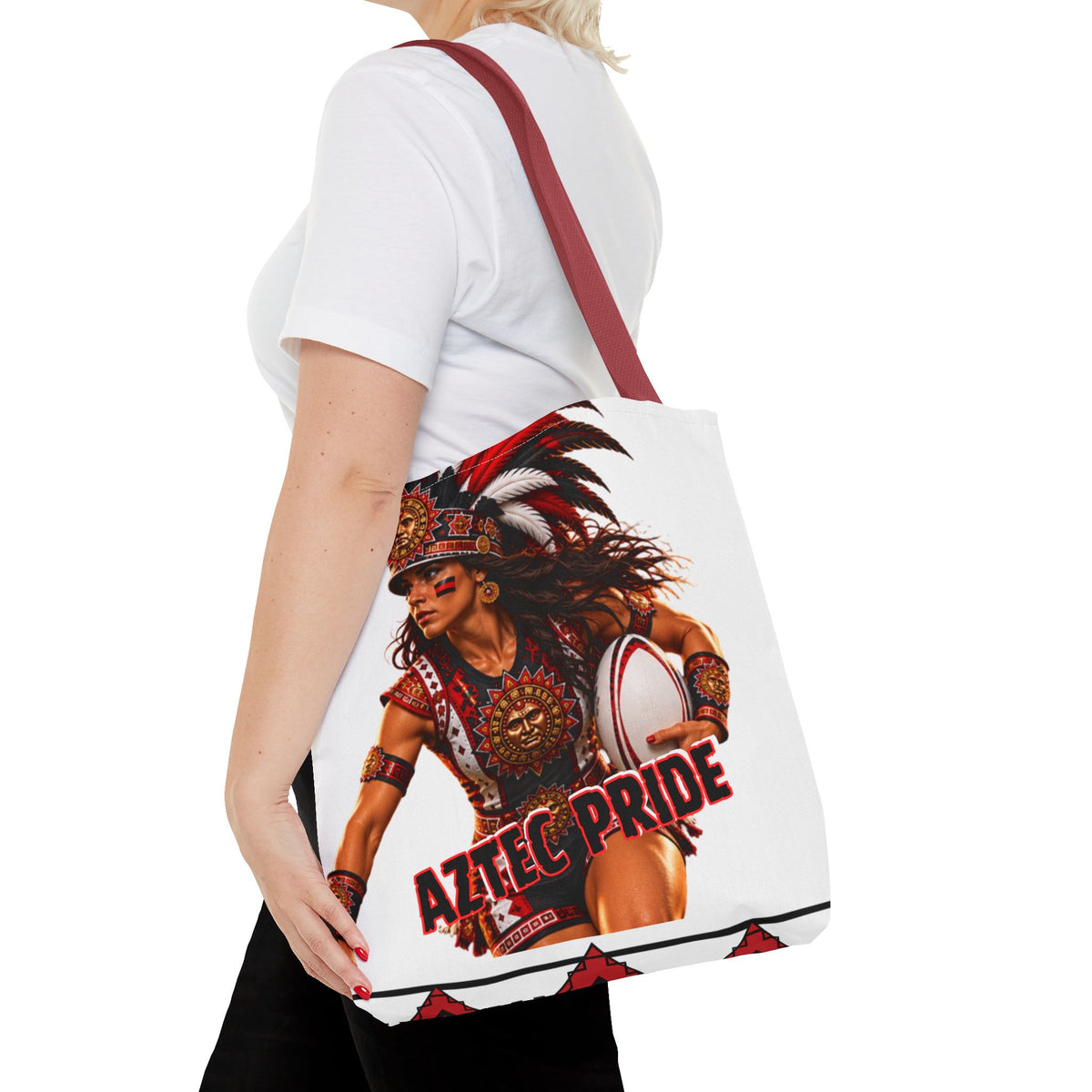Aztec Rugby Female Warrior Tote Bag | Aztec-Inspired AI Art • Made & Shipped in the USA • 🚚 FREE USA Shipping • FREE Personalization