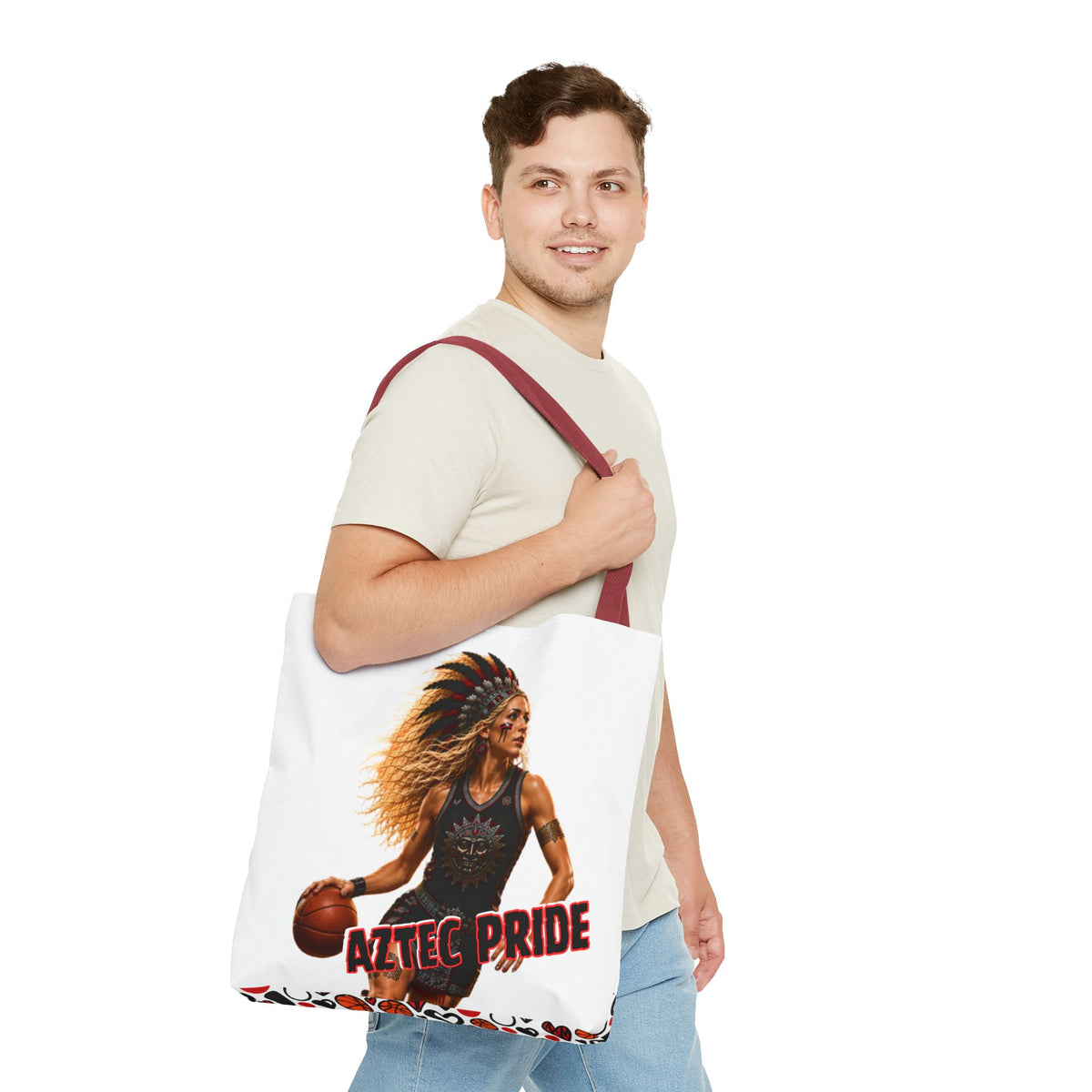 Aztec Basketball Female Warrior Tote Bag | Aztec-Inspired AI Art • Made & Shipped in the USA • 🚚 FREE USA Shipping • FREE Personalization