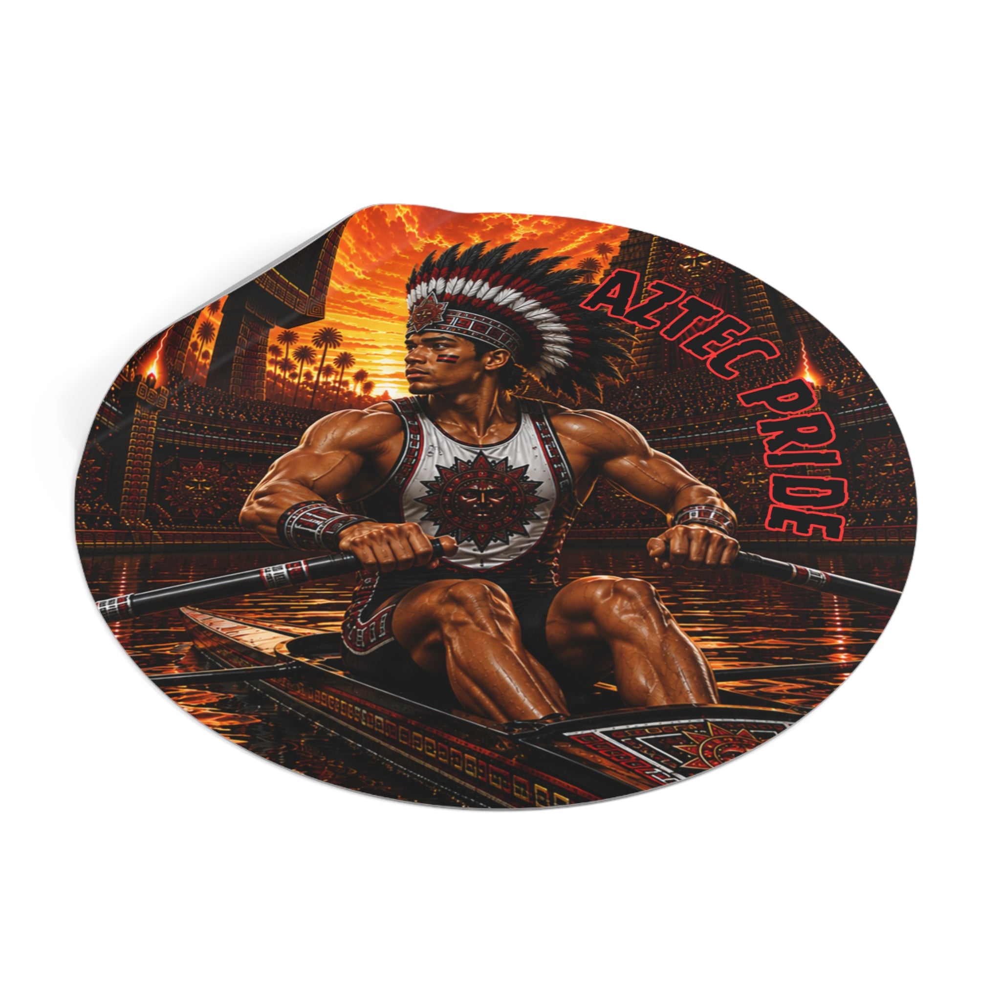 Aztec Rowing Warrior Round Vinyl Sticker 2”–6” | Made & Shipped in the USA • 🚚 FREE USA Shipping • Personalized Option