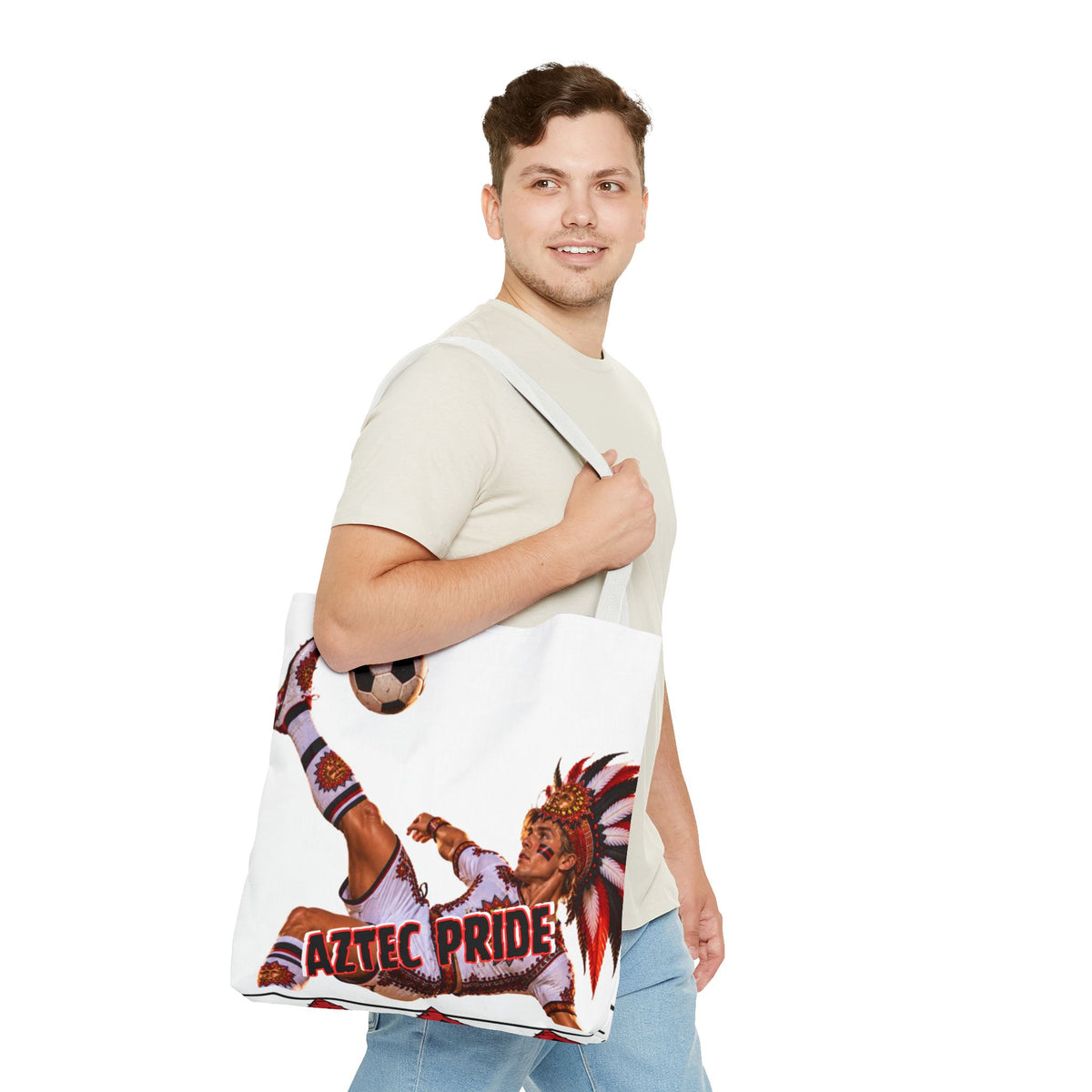 Aztec Soccer Warrior Tote Bag | Aztec-Inspired AI Art • Made & Shipped in the USA • 🚚 FREE USA Shipping • FREE Personalization