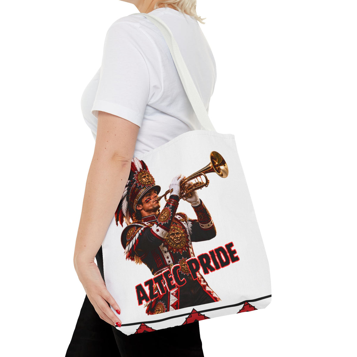 Aztec Trumpet Warrior Tote Bag | Aztec-Inspired AI Art • Made & Shipped in the USA • 🚚 FREE USA Shipping • FREE Personalization