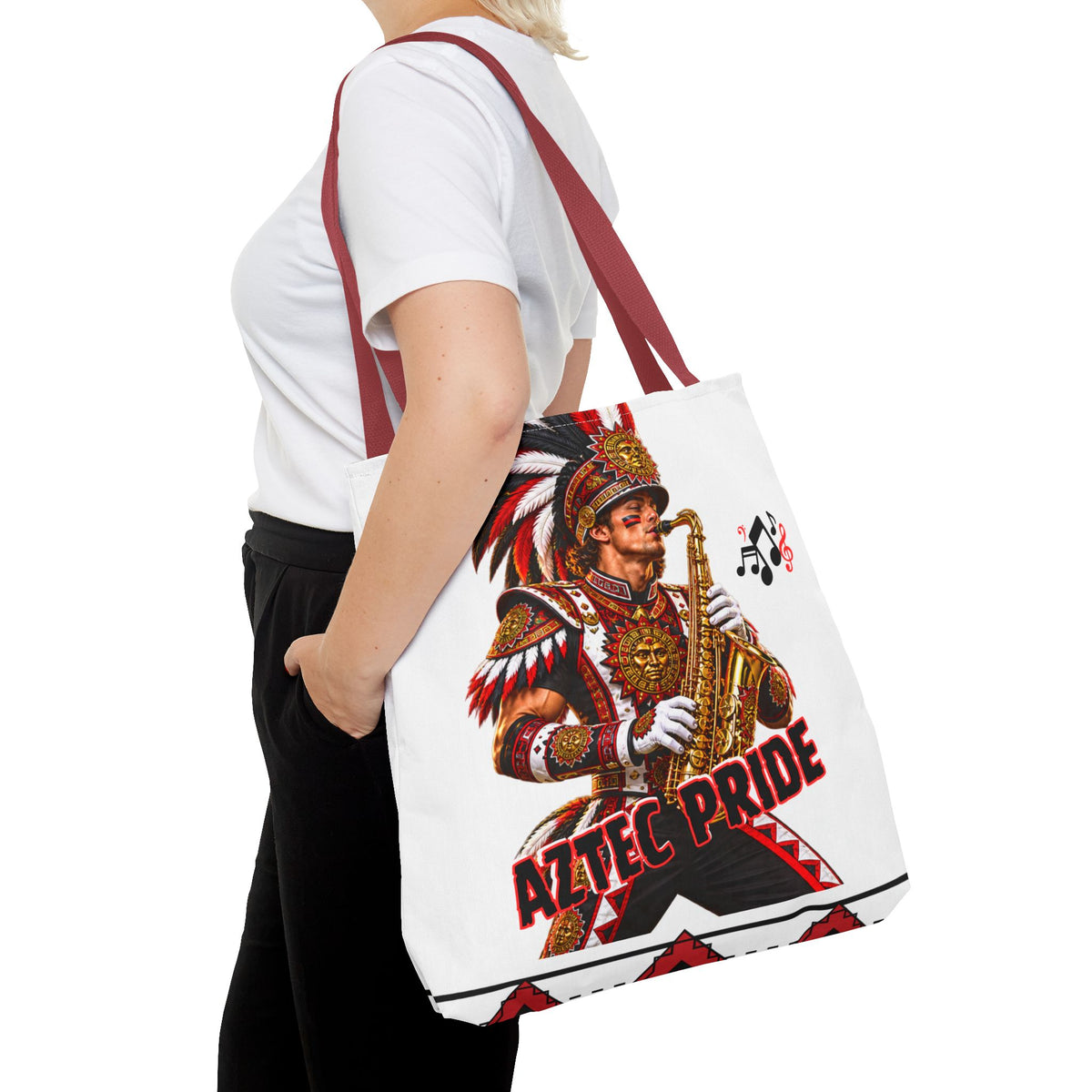 Aztec Saxophone Warrior Tote Bag | Aztec-Inspired AI Art • Made & Shipped in the USA • 🚚 FREE USA Shipping • FREE Personalization