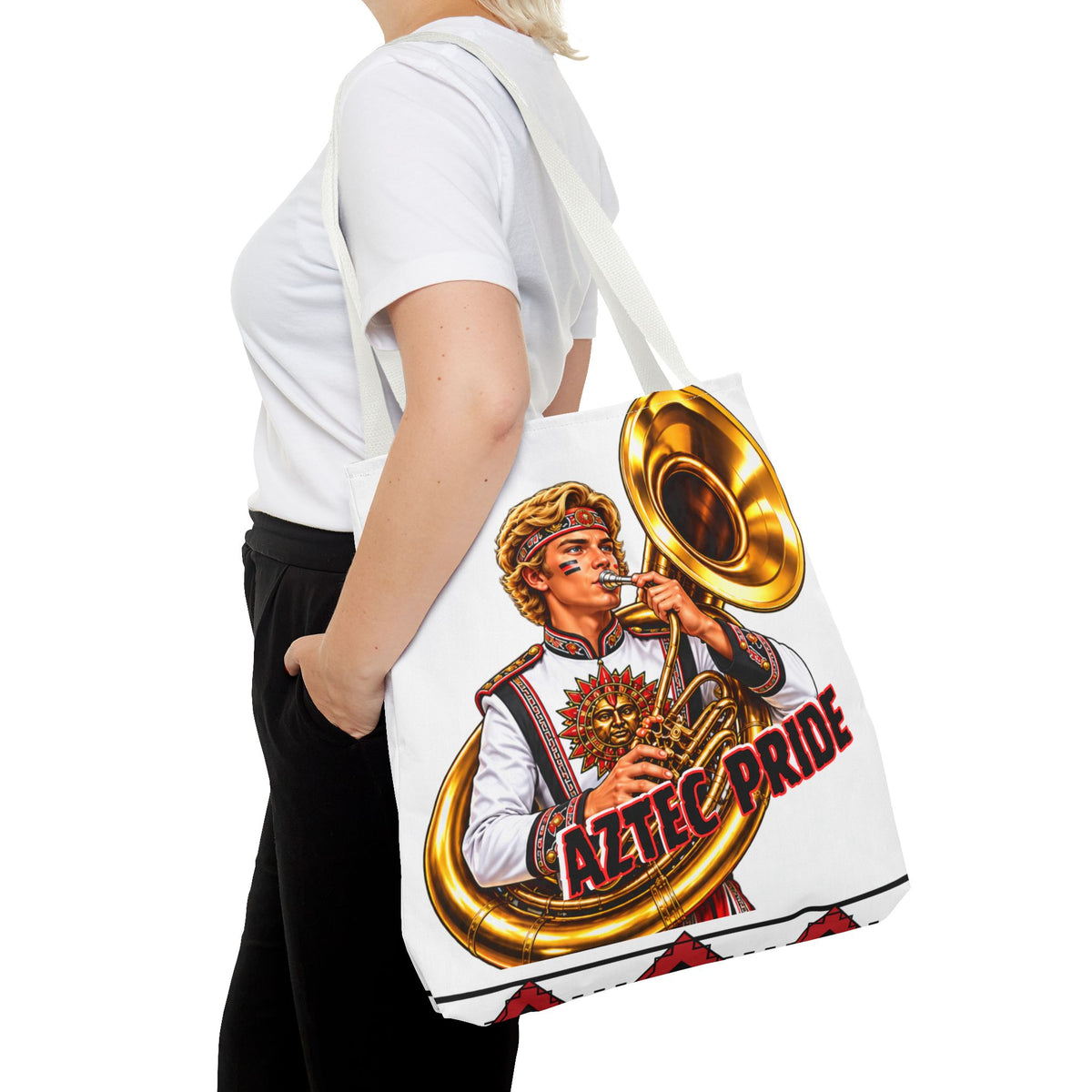 Aztec Tuba Warrior Tote Bag | Aztec-Inspired AI Art • Made & Shipped in the USA • 🚚 FREE USA Shipping • FREE Personalization