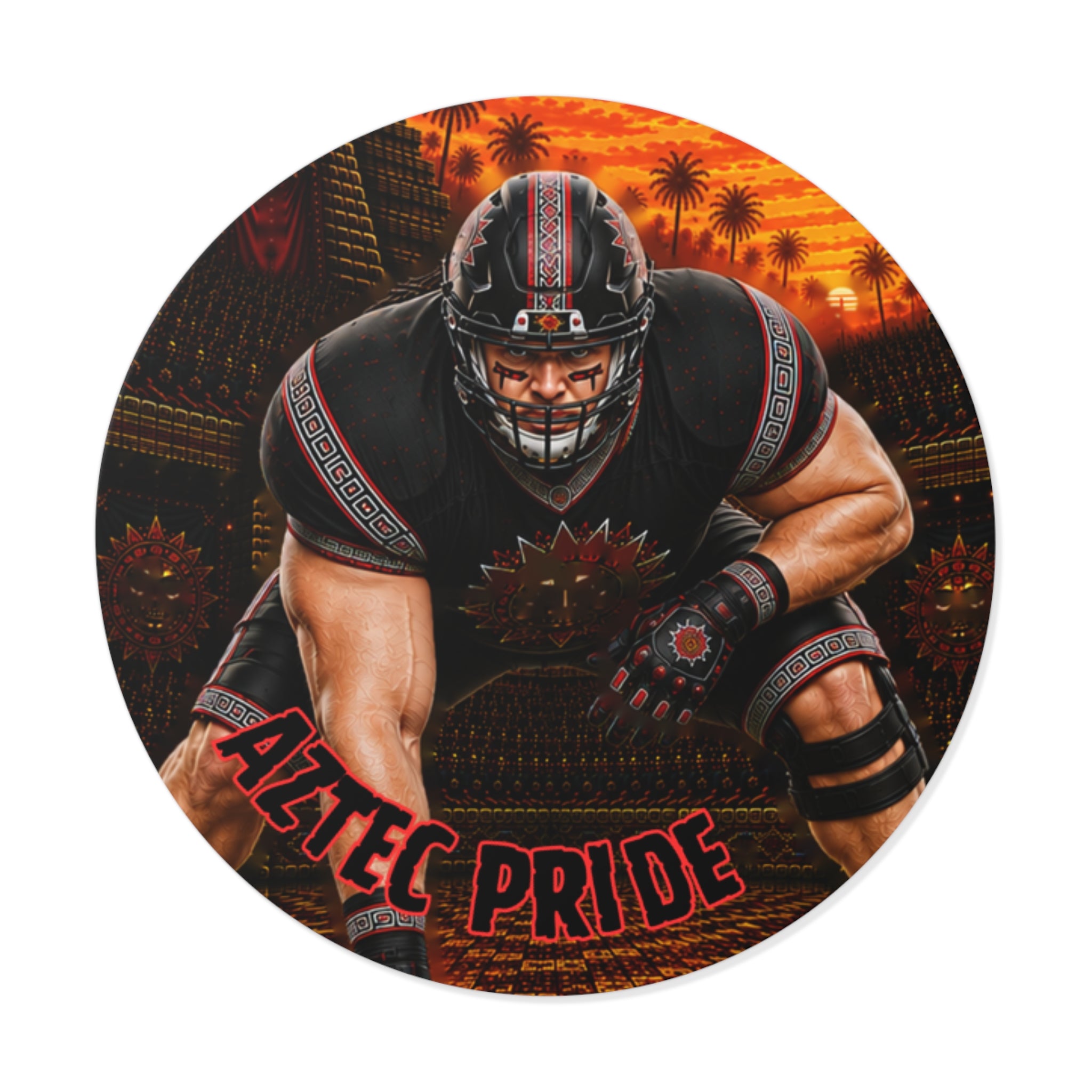 Aztec Football O-Line Warrior Round Vinyl Sticker 2”–6” | Made & Shipped in the USA • 🚚 FREE USA Shipping • Personalized Option