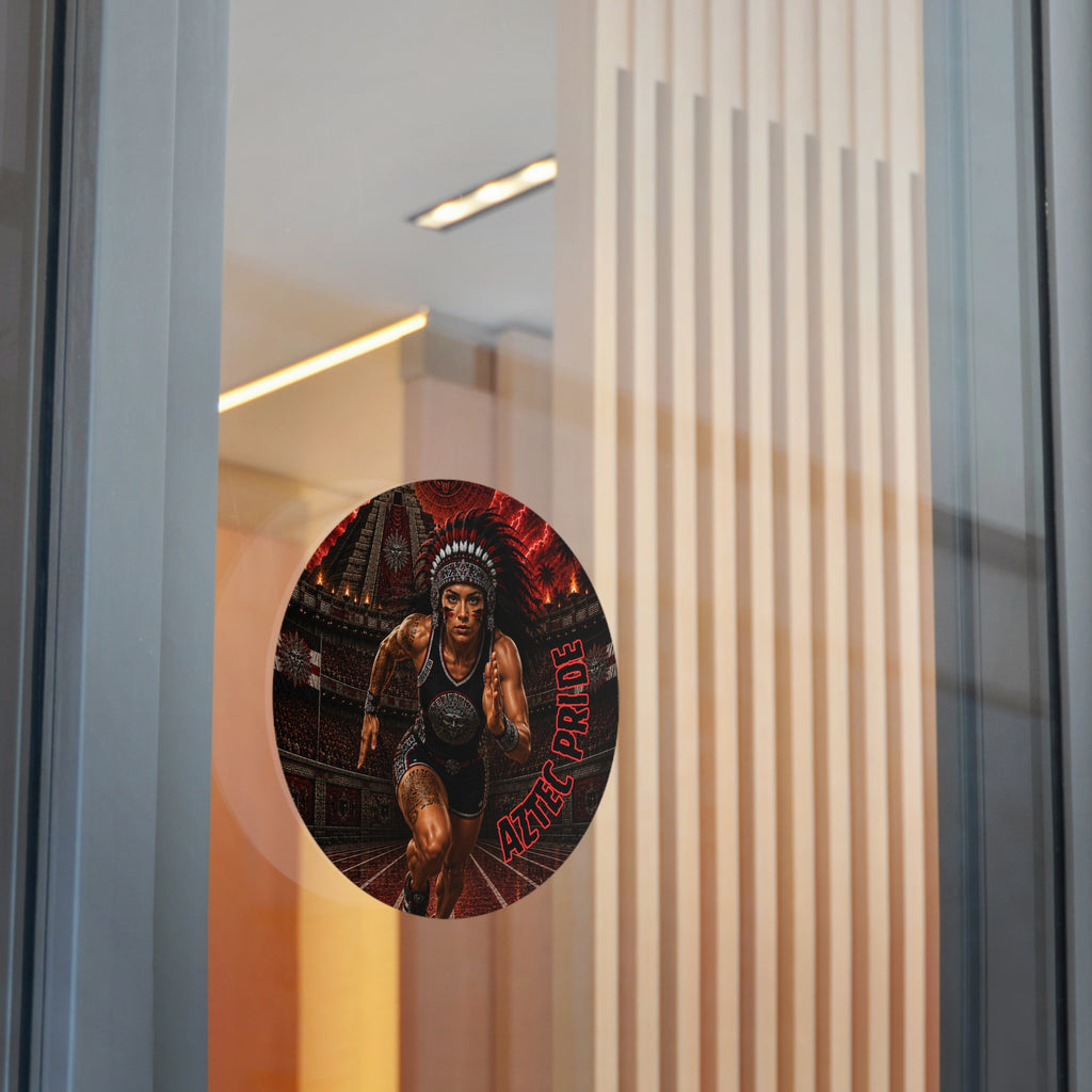 Aztec Track & Field Female Warrior Round Vinyl Sticker 2”–6” | Made & Shipped in the USA • 🚚 FREE USA Shipping • Personalized Option