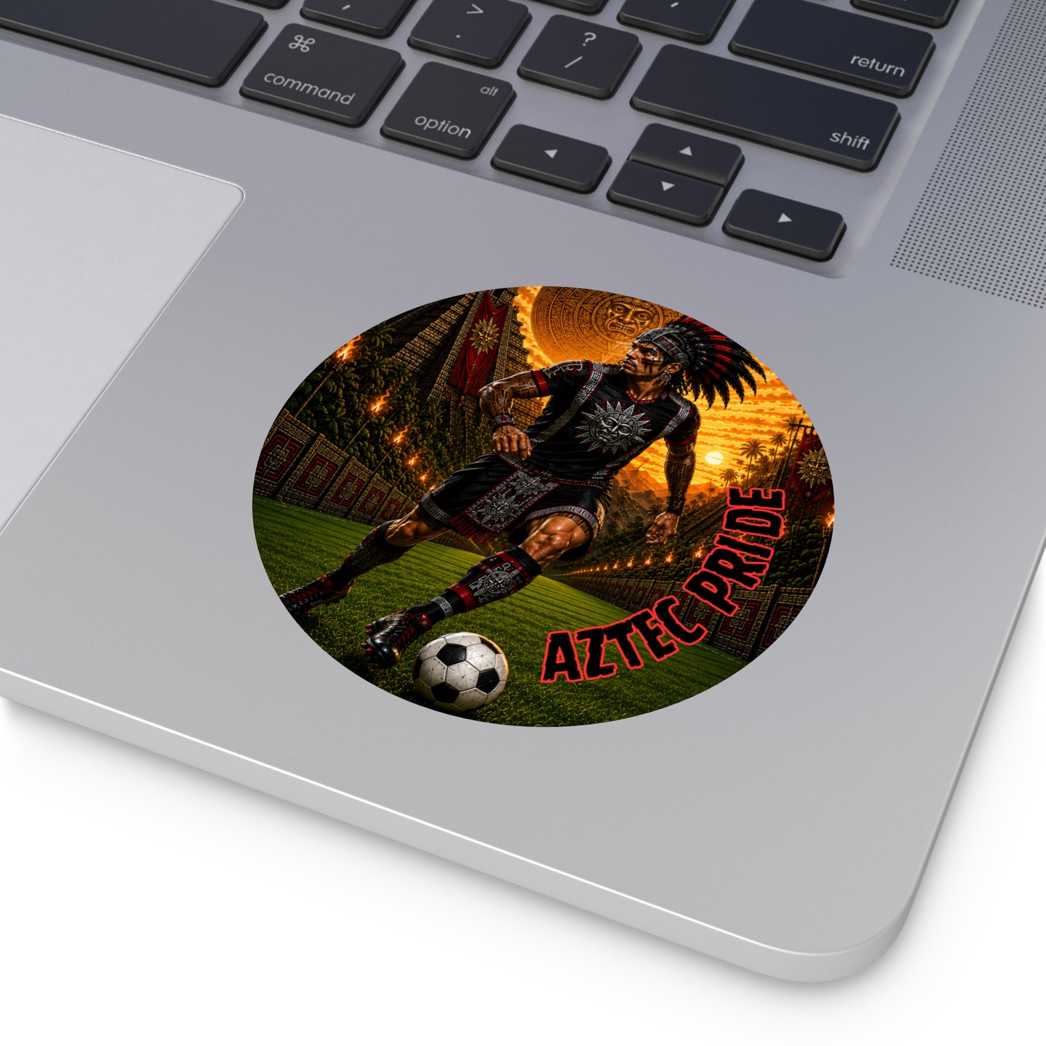 Aztec Soccer Male Warrior Round Vinyl Sticker 2”–6” | Made & Shipped in the USA • 🚚 FREE USA Shipping • Personalized Option