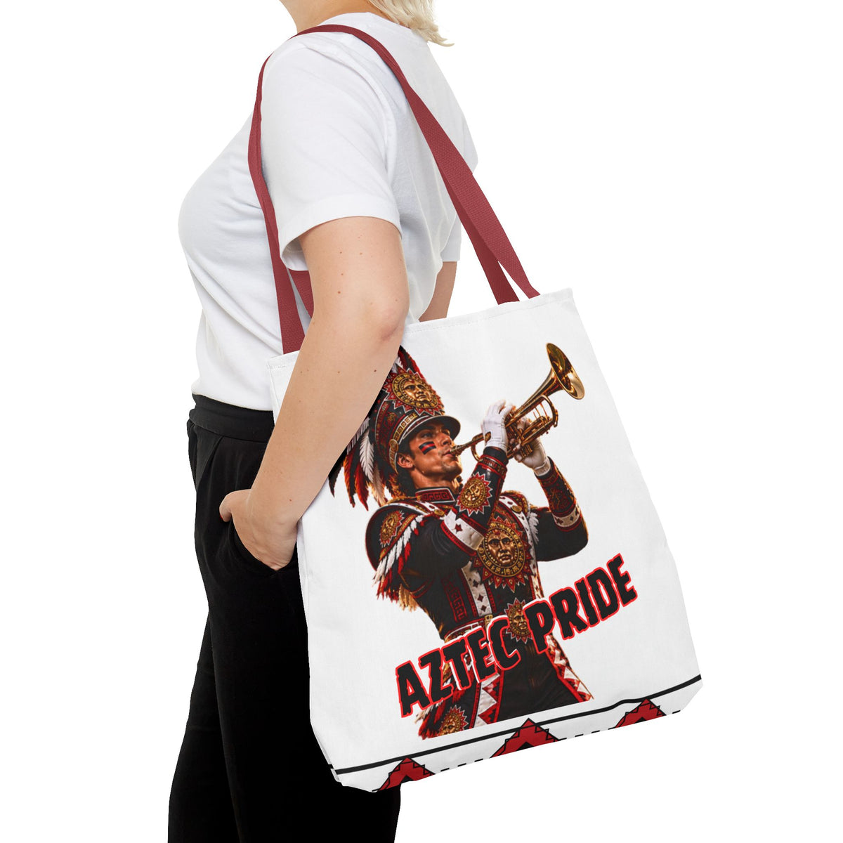Aztec Trumpet Warrior Tote Bag | Aztec-Inspired AI Art • Made & Shipped in the USA • 🚚 FREE USA Shipping • FREE Personalization