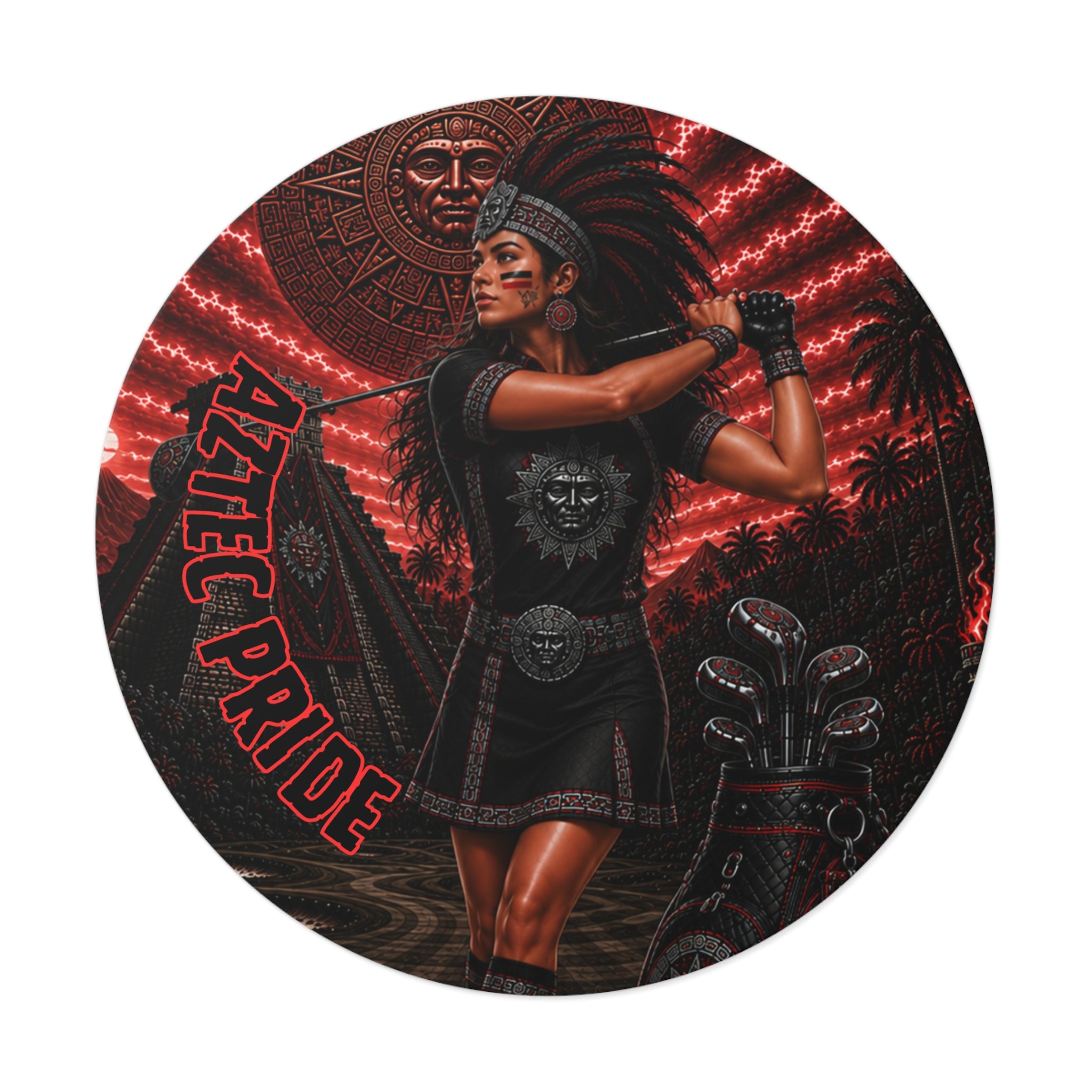 Aztec Golf Female Warrior Round Vinyl Sticker 2”–6” | Made & Shipped in the USA • 🚚 FREE USA Shipping • Personalized Option