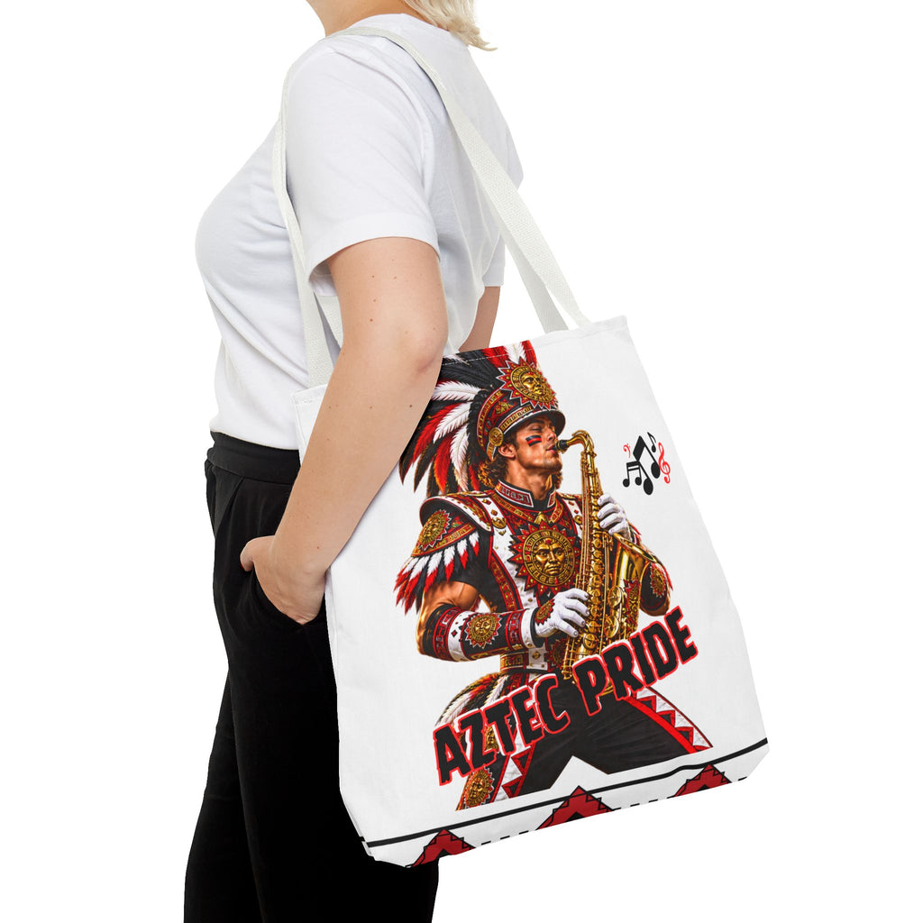 Aztec Saxophone Warrior Tote Bag | Aztec-Inspired AI Art • Made & Shipped in the USA • 🚚 FREE USA Shipping • FREE Personalization