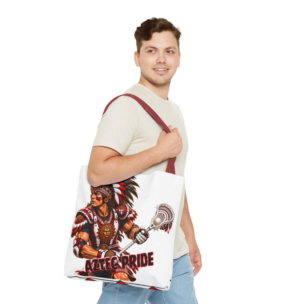 Aztec Lacrosse Male Warrior Tote Bag | Aztec-Inspired AI Art • Made & Shipped in the USA • 🚚 FREE USA Shipping • FREE Personalization