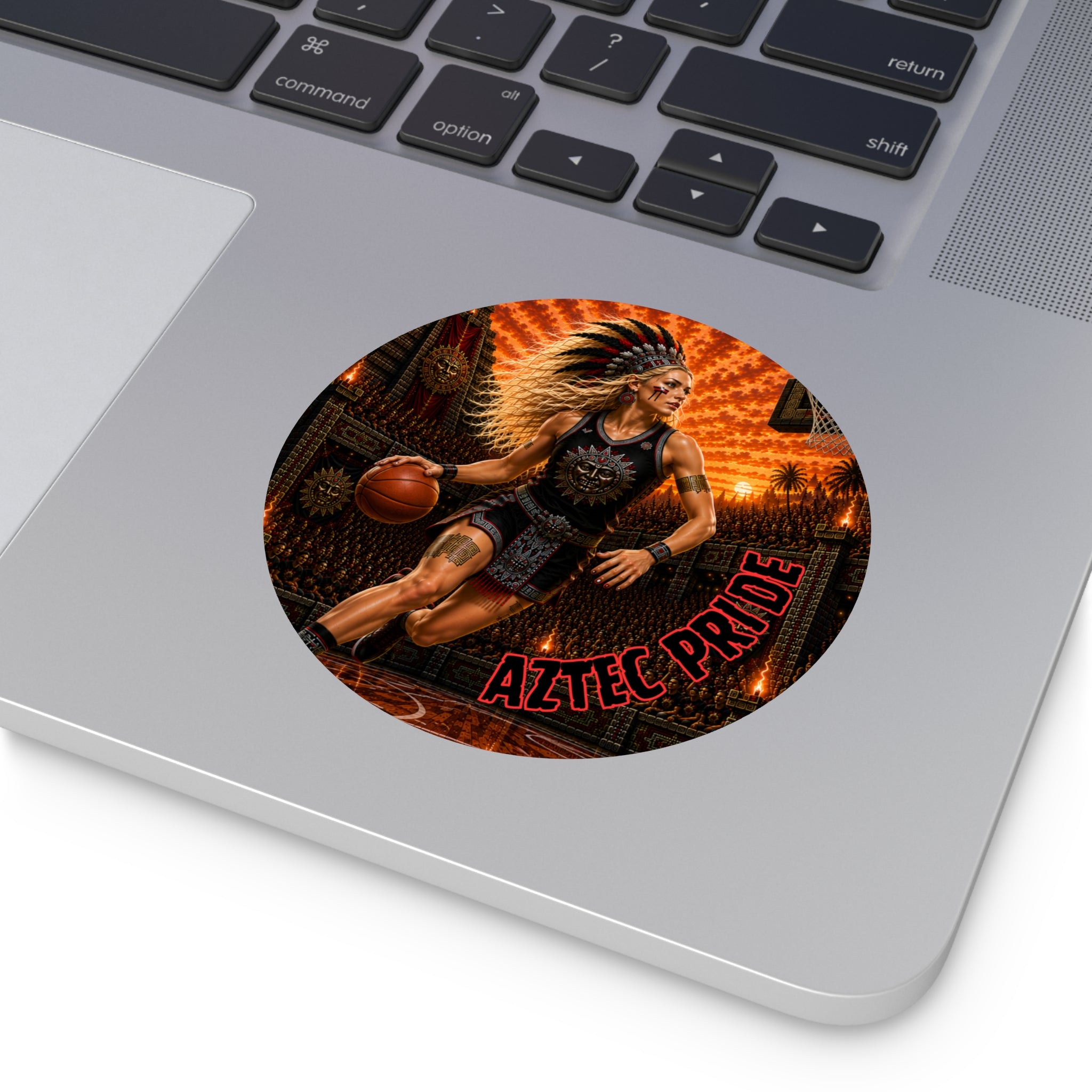 Aztec Basketball Female Warrior Round Vinyl Sticker 2”–6” | Made & Shipped in the USA • 🚚 FREE USA Shipping • Personalized Option
