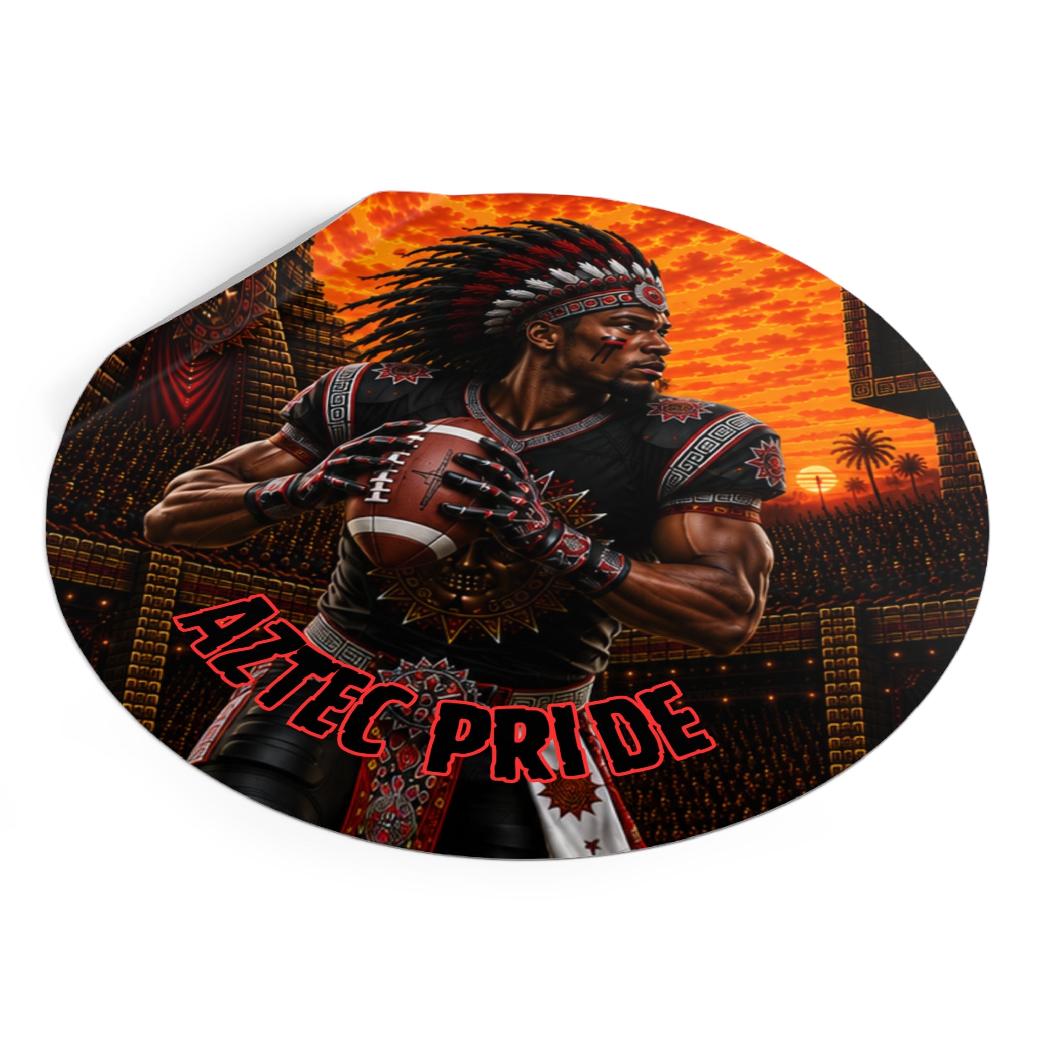 Aztec Football Quarterback Warrior Round Vinyl Sticker 2”–6” | Made & Shipped in the USA • 🚚 FREE USA Shipping • Personalized Option