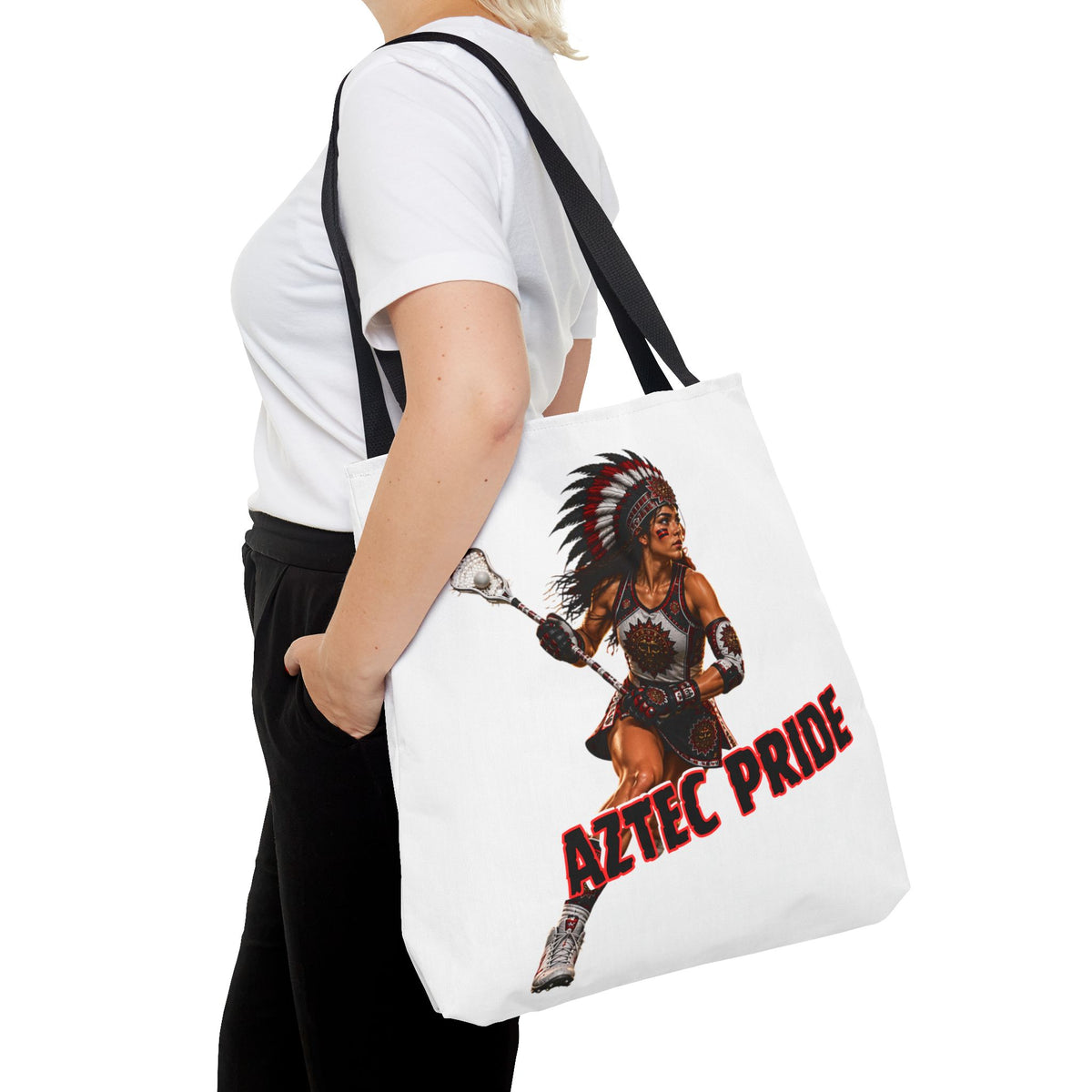 Aztec Lacrosse Female Warrior Tote Bag | Aztec-Inspired AI Art • Made & Shipped in the USA • 🚚 FREE USA Shipping • FREE Personalization