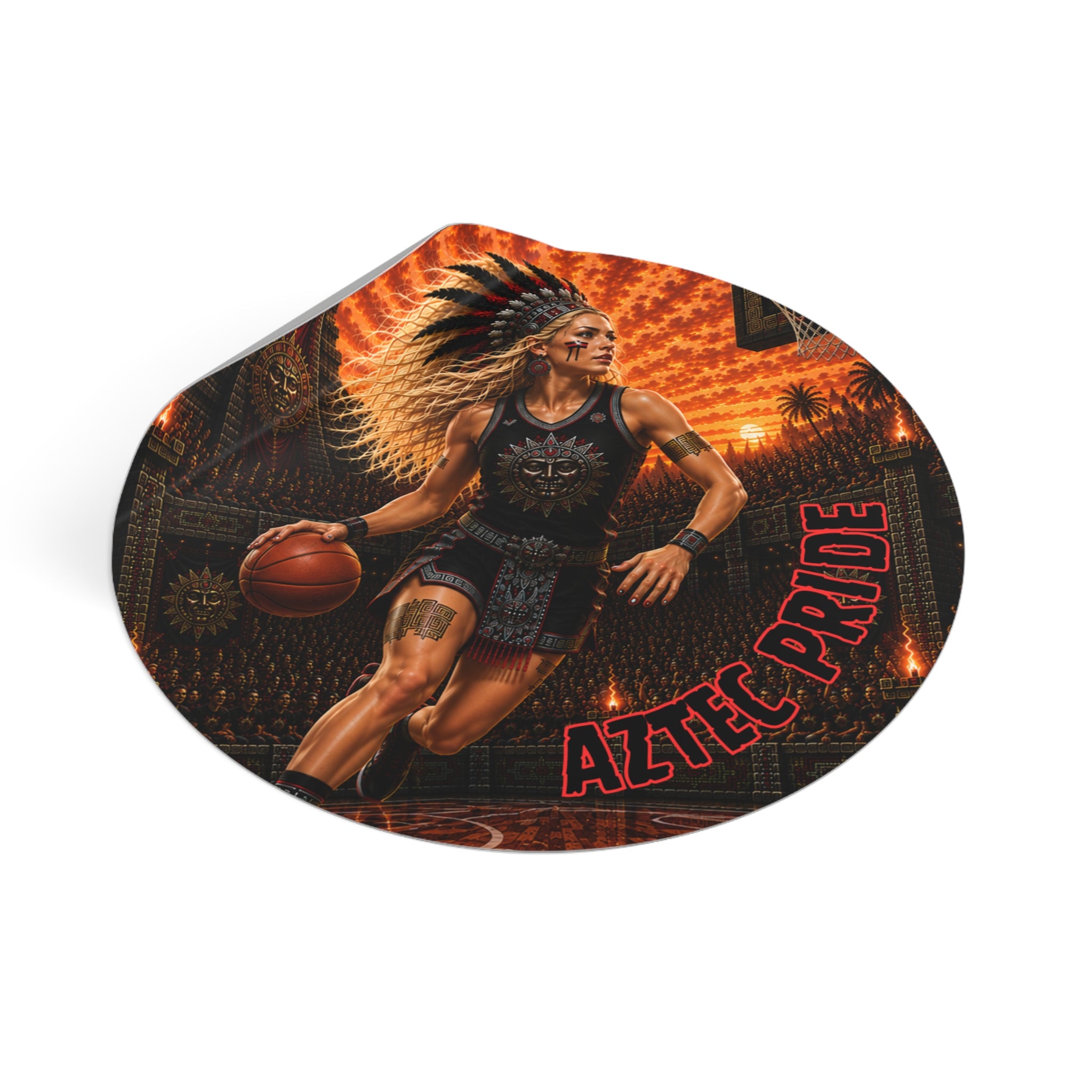 Aztec Basketball Female Warrior Round Vinyl Sticker 2”–6” | Made & Shipped in the USA • 🚚 FREE USA Shipping • Personalized Option