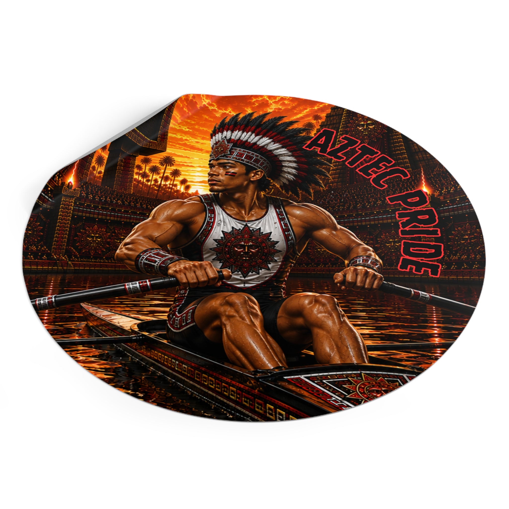 Aztec Rowing Warrior Round Vinyl Sticker 2”–6” | Made & Shipped in the USA • 🚚 FREE USA Shipping • Personalized Option