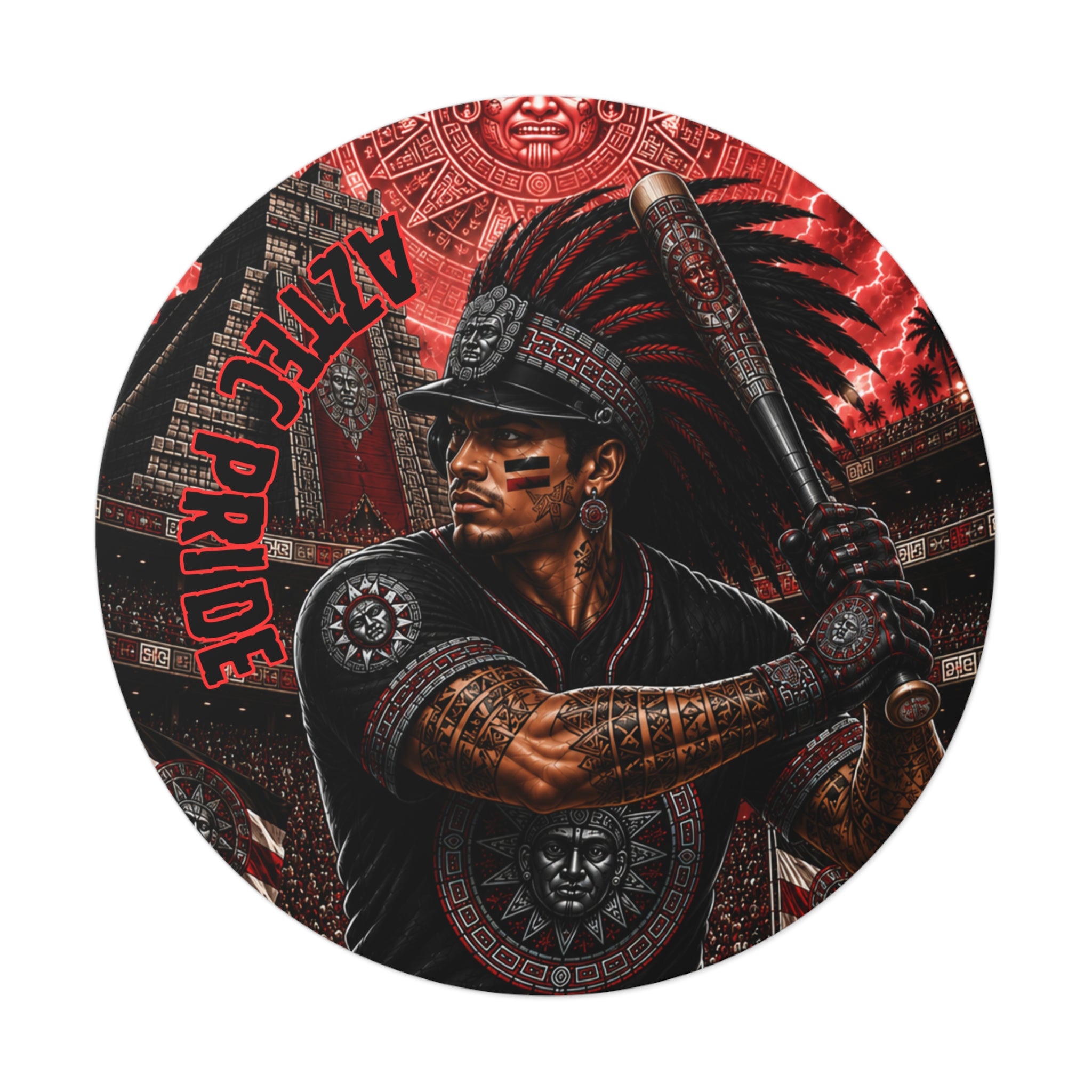 Aztec Baseball Warrior Round Vinyl Sticker – Waterproof Matte Decal (2”–6”) | Aztec-Inspired AI Art | GringoArte