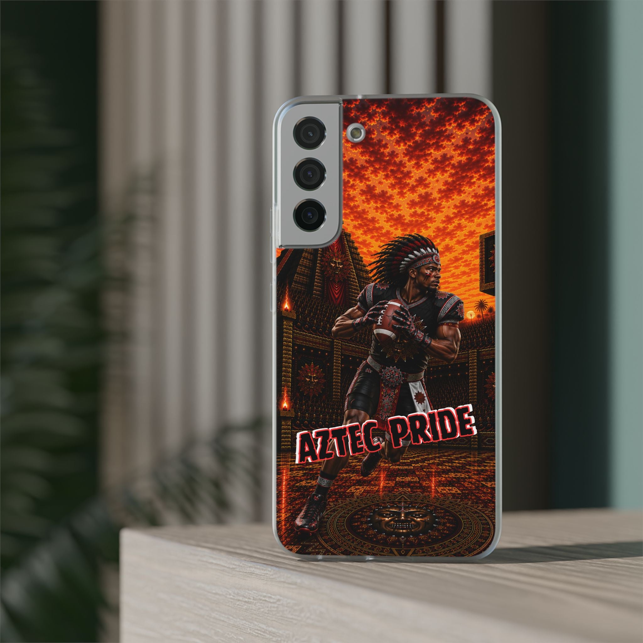 Aztec Football Warrior – Flexi Phone Case (iPhone & Samsung • Clear TPU • Made & Shipped in the USA • 🚚 FREE USA Shipping • Personalized Option)