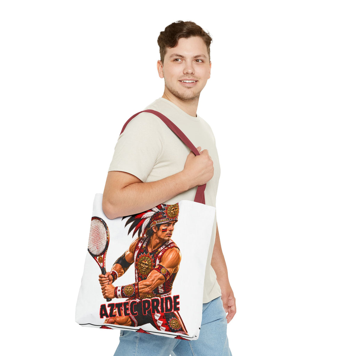 Aztec Tennis Male Warrior Tote Bag | Aztec-Inspired AI Art • Made & Shipped in the USA • 🚚 FREE USA Shipping • FREE Personalization