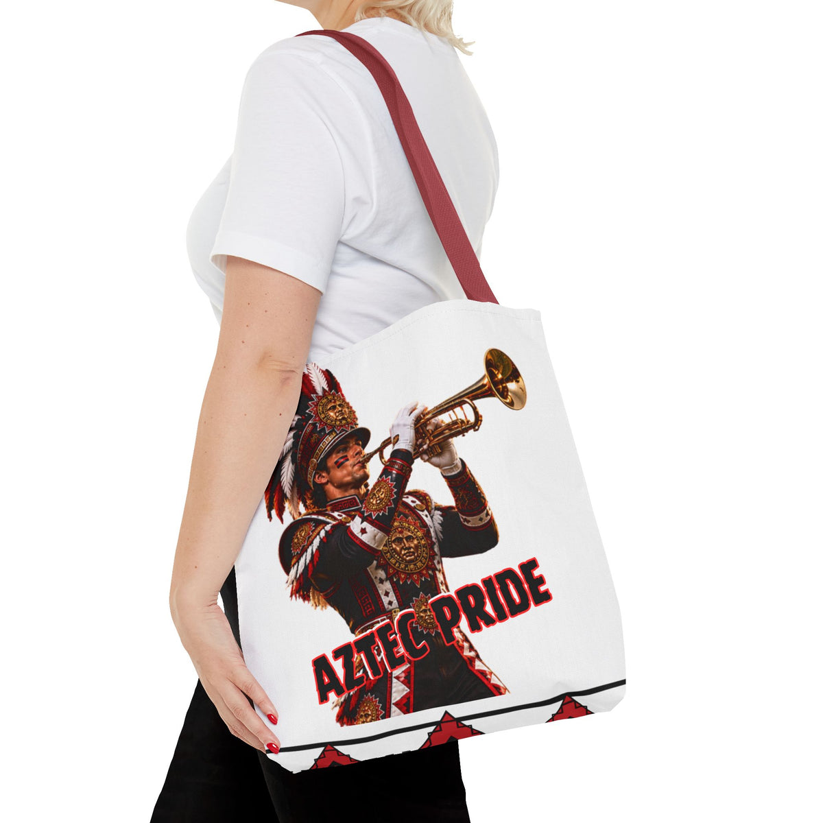 Aztec Trumpet Warrior Tote Bag | Aztec-Inspired AI Art • Made & Shipped in the USA • 🚚 FREE USA Shipping • FREE Personalization